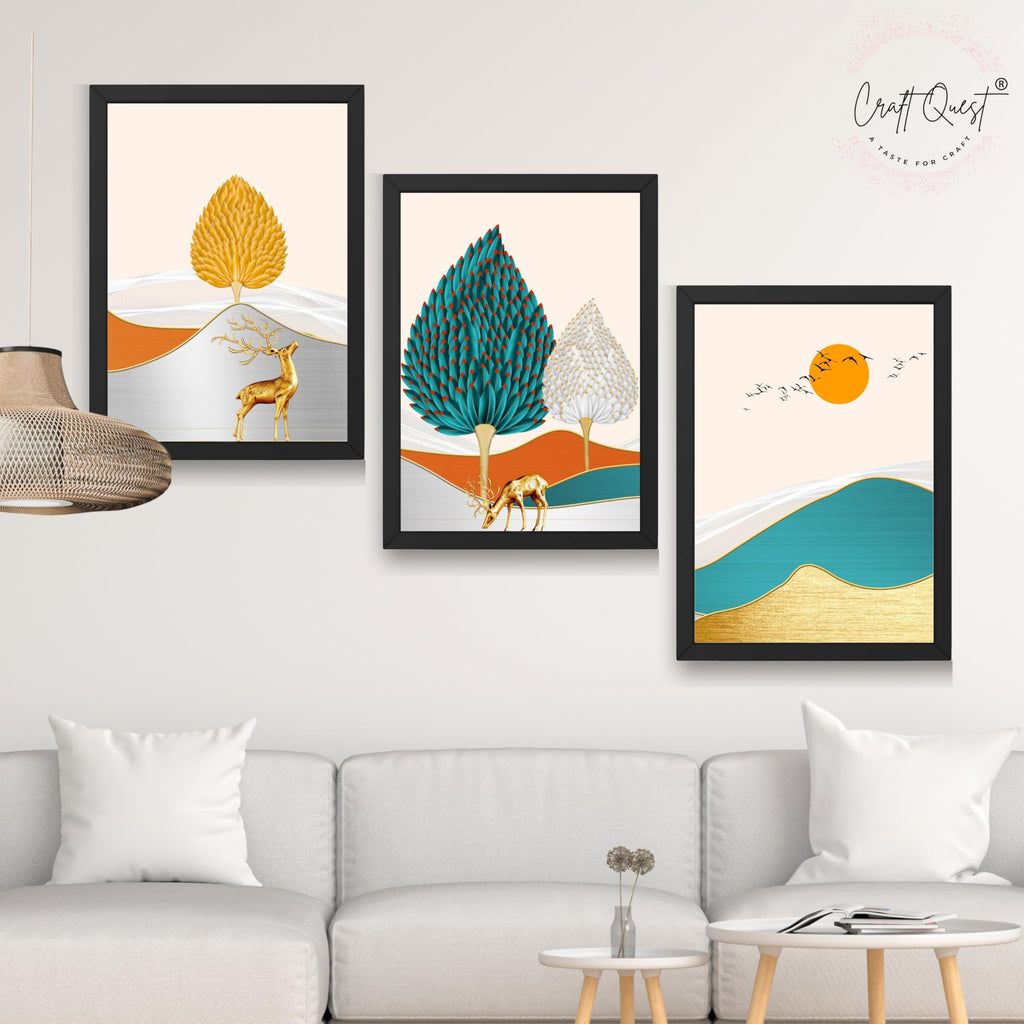 CRAFT QUEST Modern Art Landscapes Sanlian Adornment Abstract Wall Art | Set of 3 Frames for Home Decoration | Ideal for Living Room, Bedroom & Offices