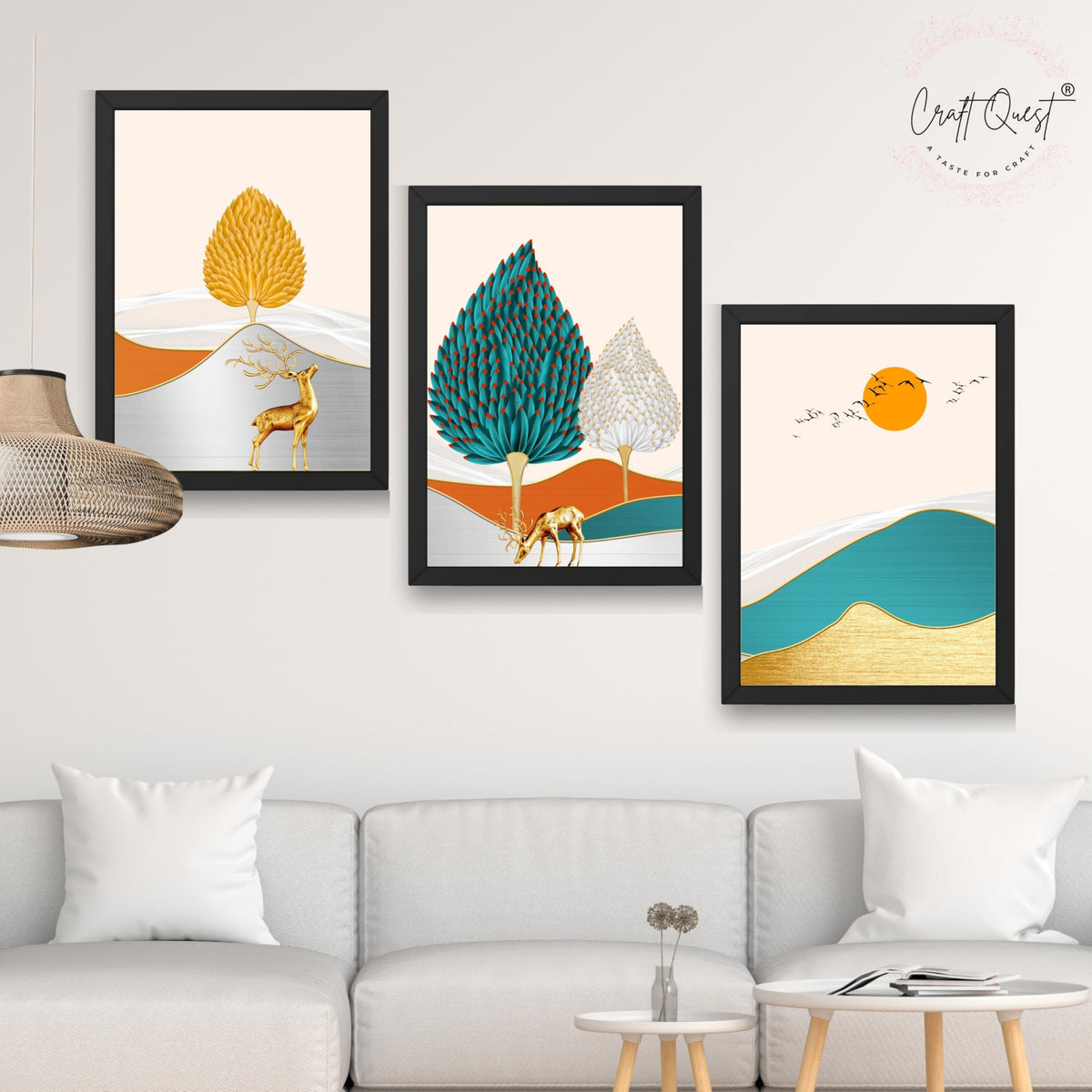 CRAFT QUEST Modern Art Landscapes Sanlian Adornment Abstract Wall Art | Set of 3 Frames for Home Decoration | Ideal for Living Room, Bedroom & Offices