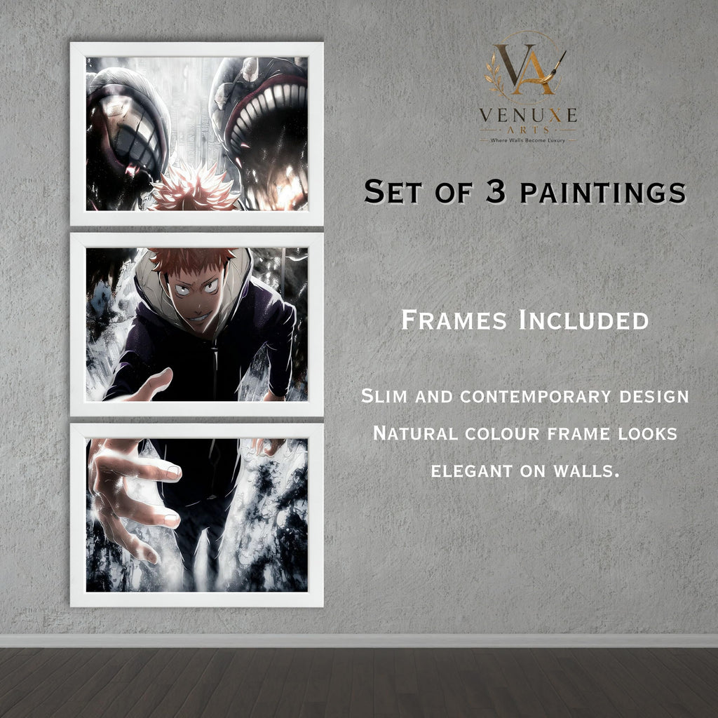VENUXE ARTS Set Of 3 Anime Characters Wall Framed |Anime Characters Framed Poster for Living Room Bedroom Gaming Room Studio Wall Decor