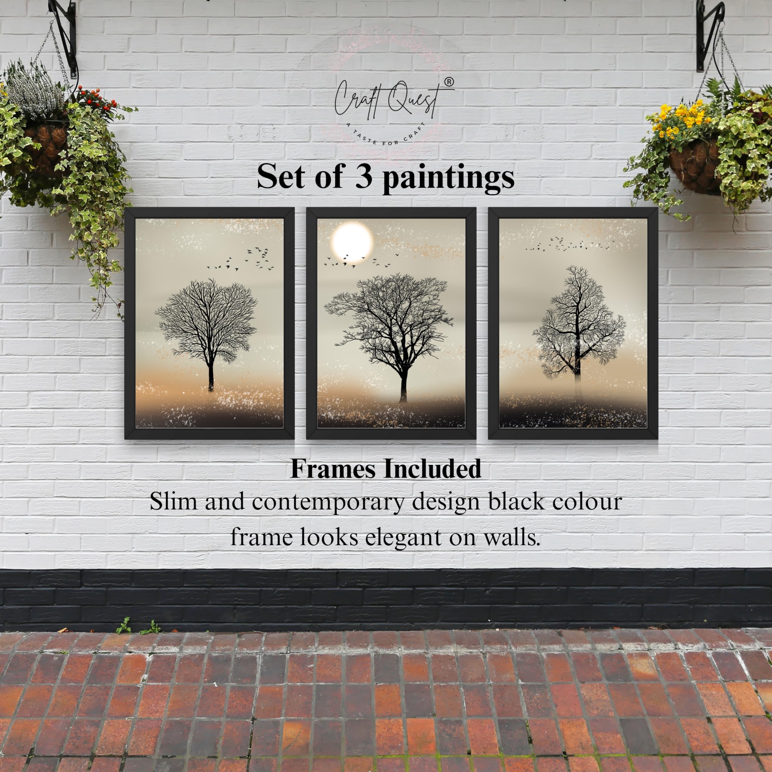 CRAFT QUEST Nature Inspired Landscape With Black Trees Modern Wall Art | Set of 3 Frames for Home Decoration | Ideal for Living Room, Bedroom & Office