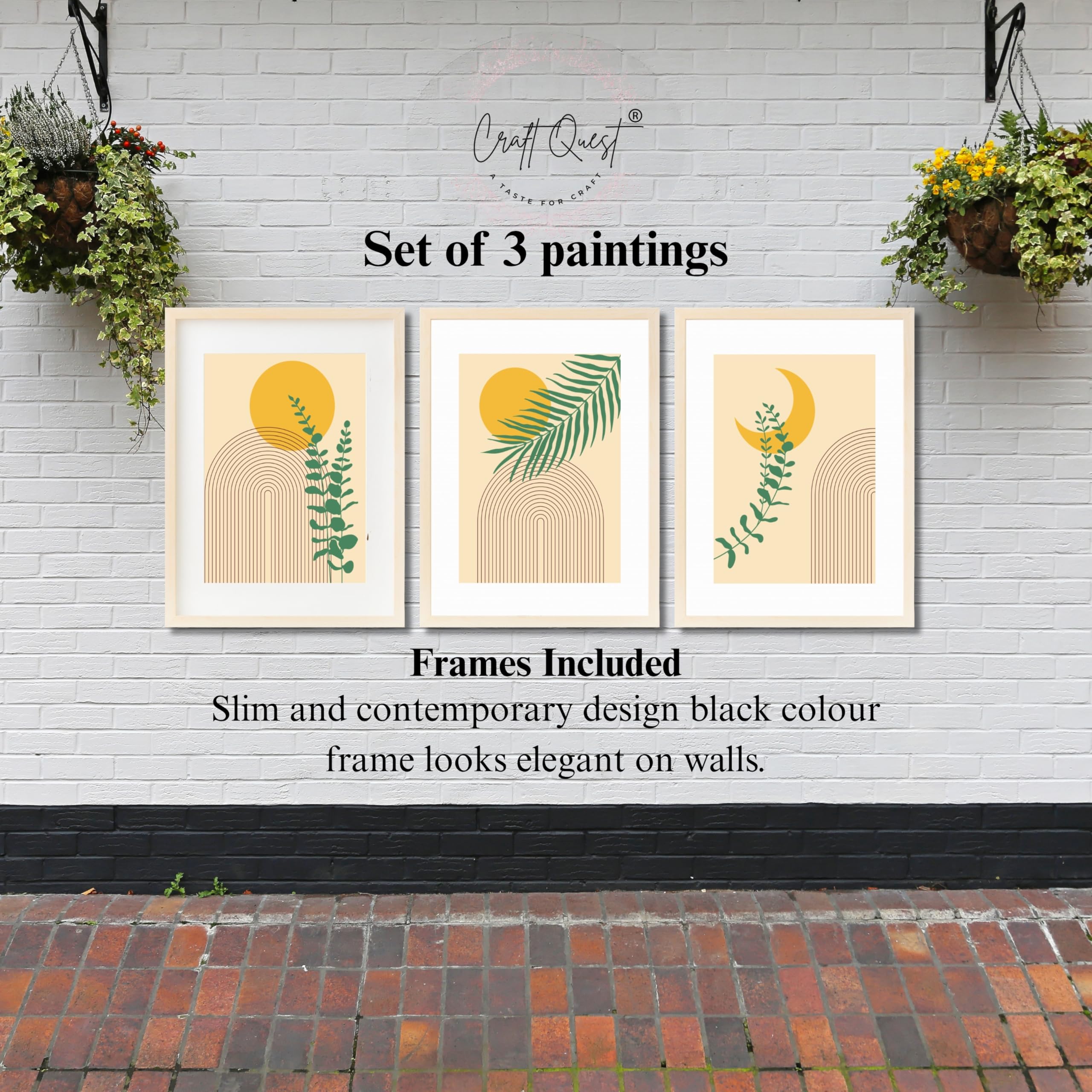 CRAFT QUEST Wall Art Decor Paintings | Set of 3 BOHO Wall Art Frames for Home Decoration | Ideal for Living Room, Bedroom & Office