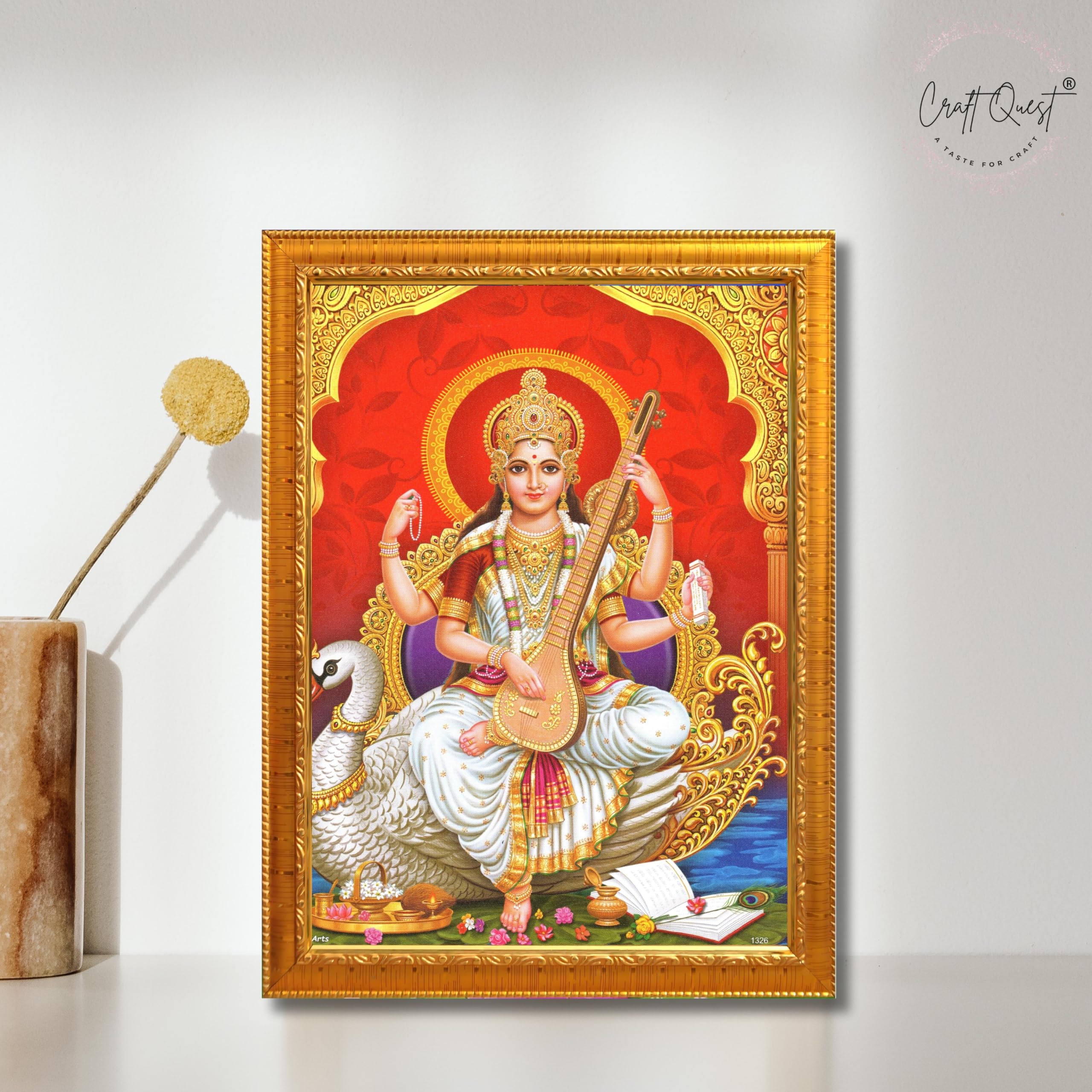 CRAFT QUEST Saraswati Devi Goddess Saraswathi Maa Wall Painting Framed For Home Décor Synthetic wood Framed