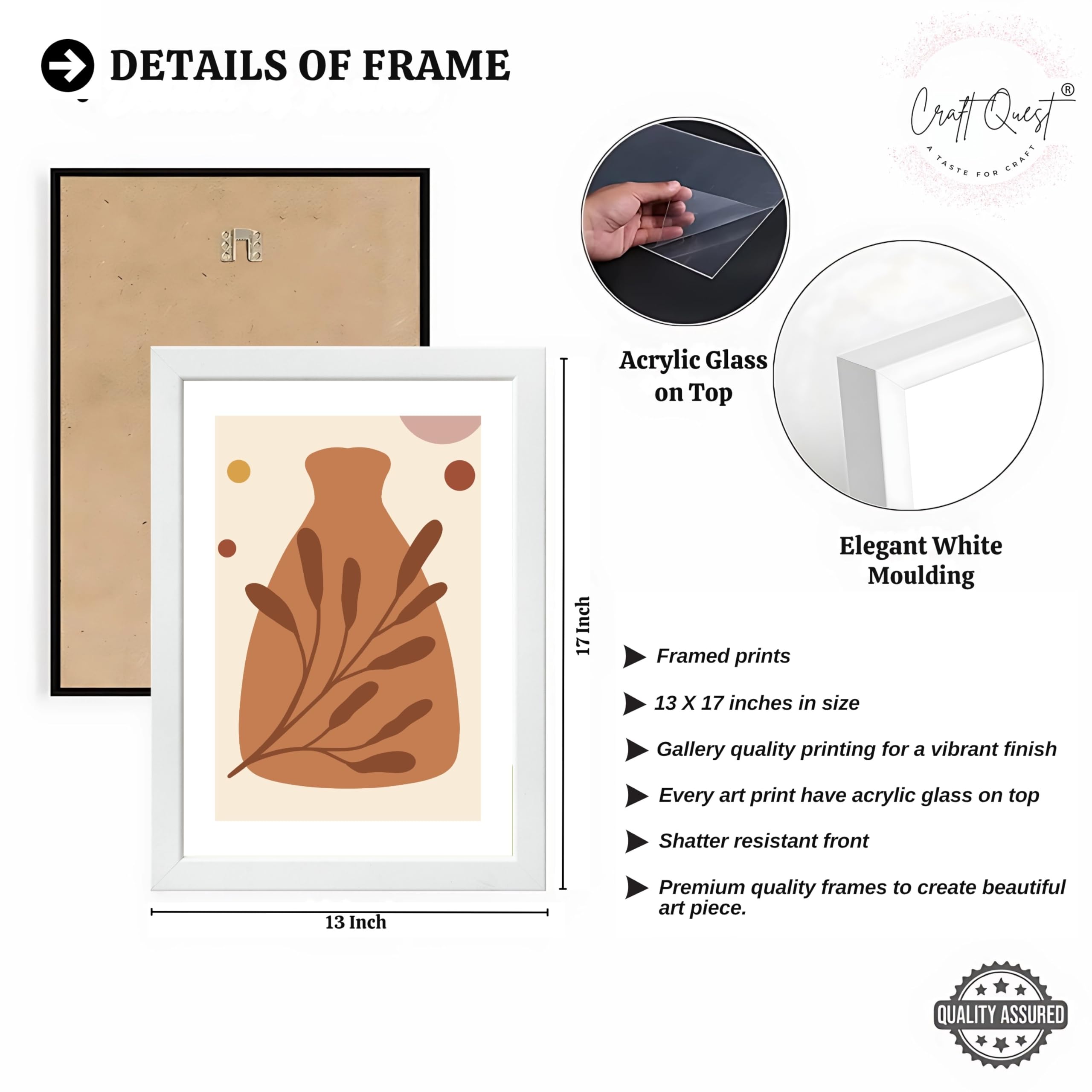 CRAFT QUEST Wall Art Decor Paintings | Set of 3 BOHO Wall Art Frames for Home Decoratio | Ideal for Living Room, Office & Bedrooms