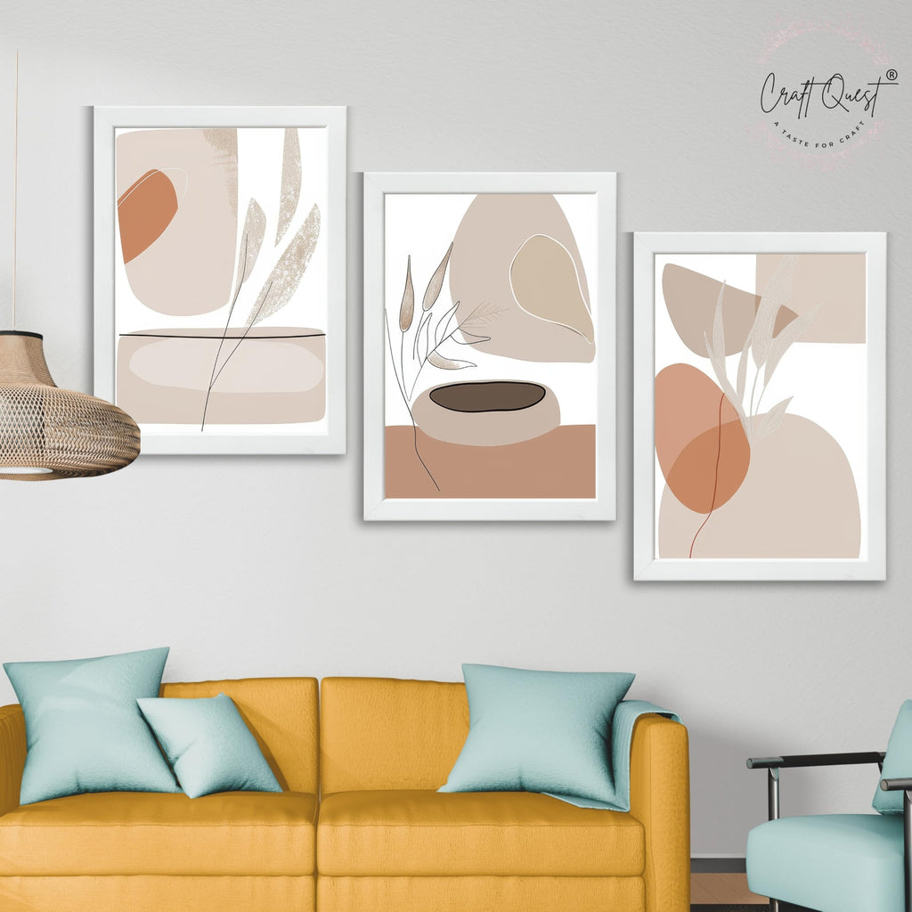CRAFT QUEST Modern Art White Wall Abstract Wall Art | Set of 3 Frames for Home Decoration | Ideal for Living Room, Bedroom & Offices