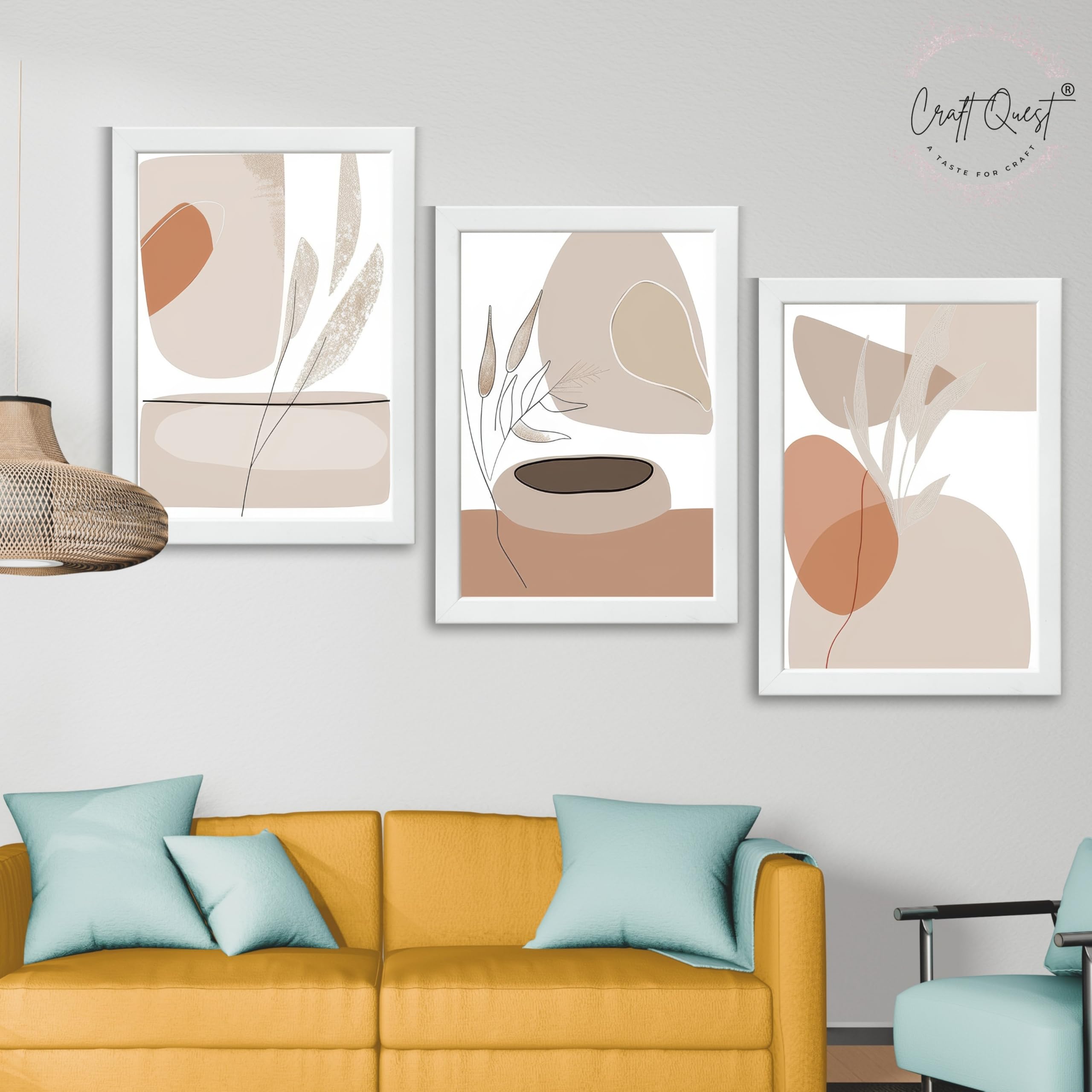 CRAFT QUEST Modern Art White Wall Abstract Wall Art | Set of 3 Frames for Home Decoration | Ideal for Living Room, Bedroom & Offices