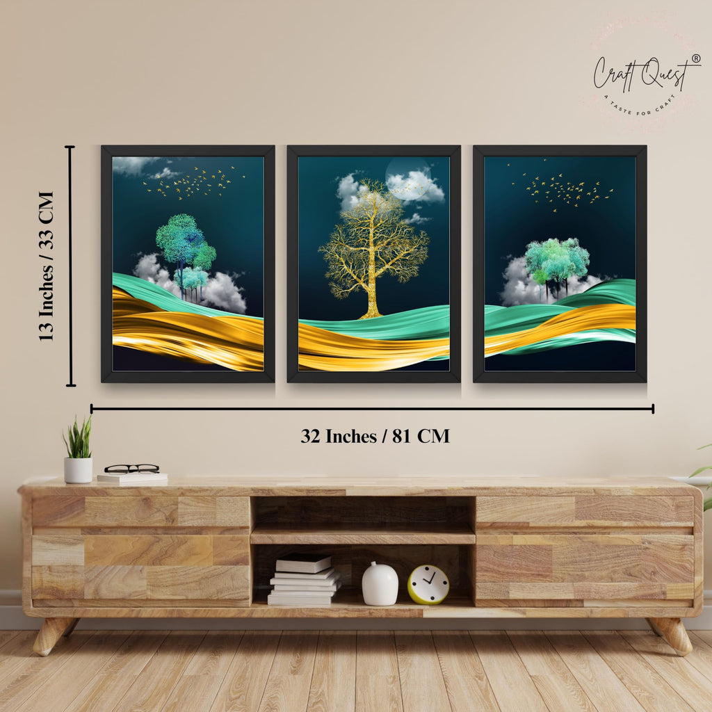 CRAFT QUEST Modern Art Mural With Golden Tree & Birds Wall Art | Set of 3 Frames for Home Decoration | Ideal for Living Room, Bedroom & Offices