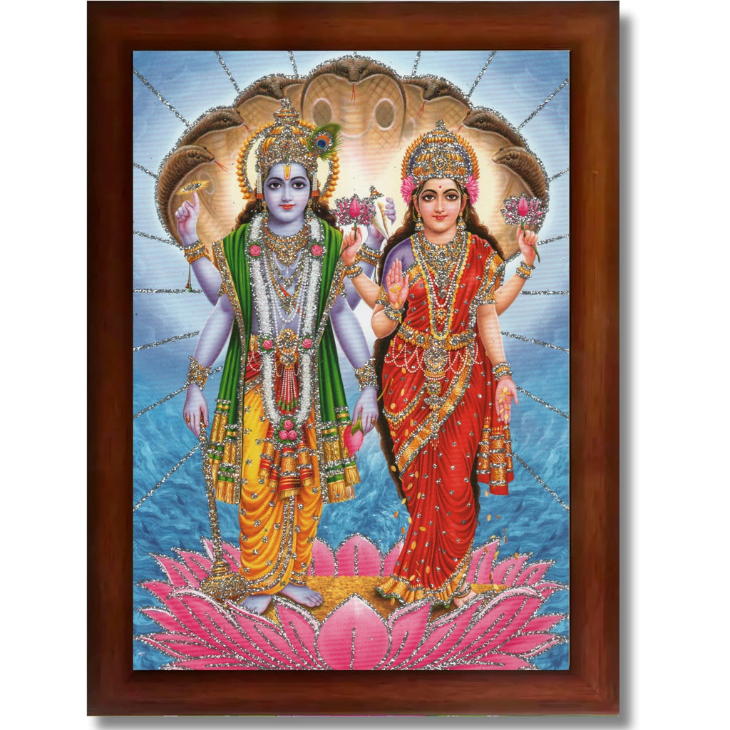 CRAFT QUEST Lord Vishnu Dev Lakshmi Devi Laxmi Narayan Ji Wall Painting Framed Home Decor, Religious Photo Frame