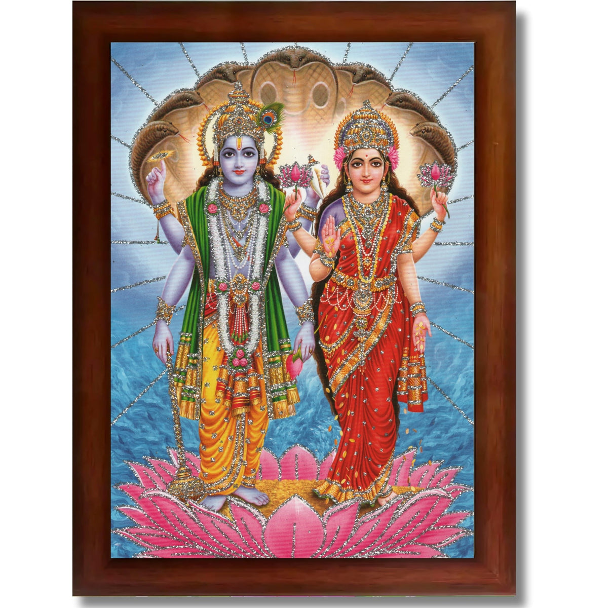 CRAFT QUEST Lord Vishnu Dev Lakshmi Devi Laxmi Narayan Ji Wall Painting Framed Home Decor, Religious Photo Frame