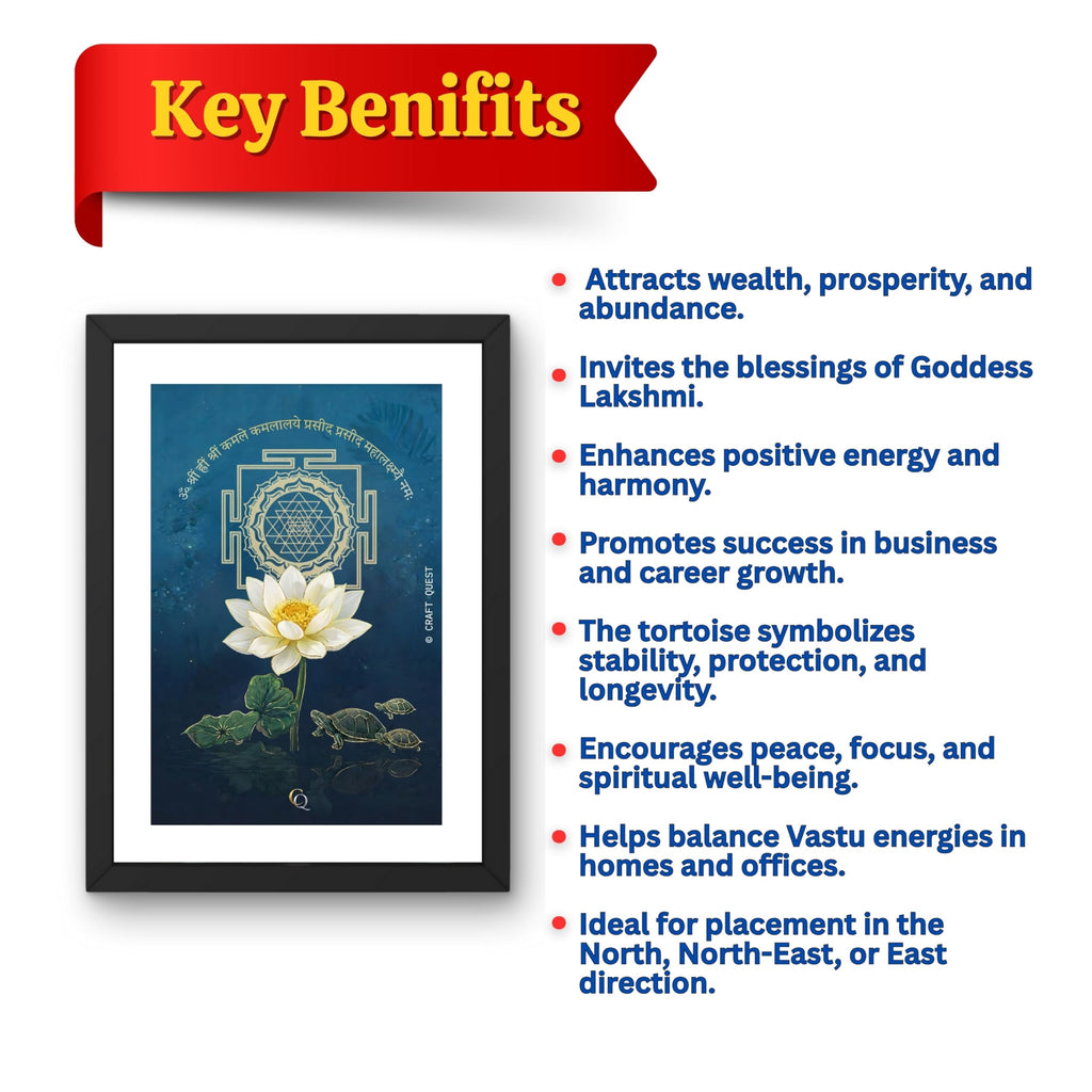 CRAFT QUEST White lotus painting for wall vastu with Shree Yantra and tortoise – Vastu Energy Poster for Prosperity, Money Flow & Stability Photo Frame for Home, Office