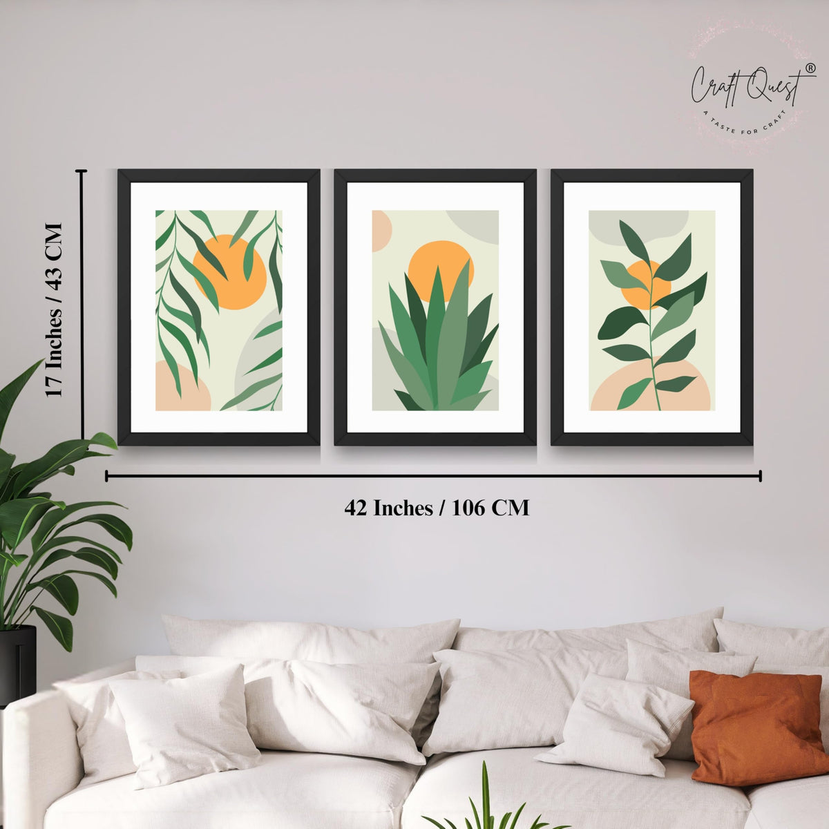 CRAFT QUEST Nature Inspired Botanical Abstract Wall Art | Set of 3 Frames for Home Decoration | Ideal for Living Room, Bedroom & Office