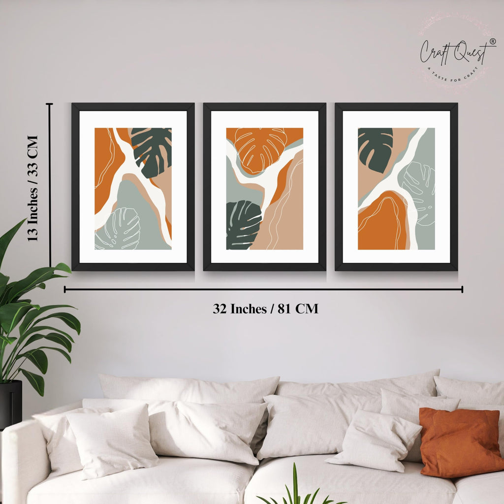 CRAFT QUEST SET OF 3 Organic Modern Leaf Wall Art | Set of 3 Frames for Home Decoration | Ideal for Living Room, Bedroom & Offices