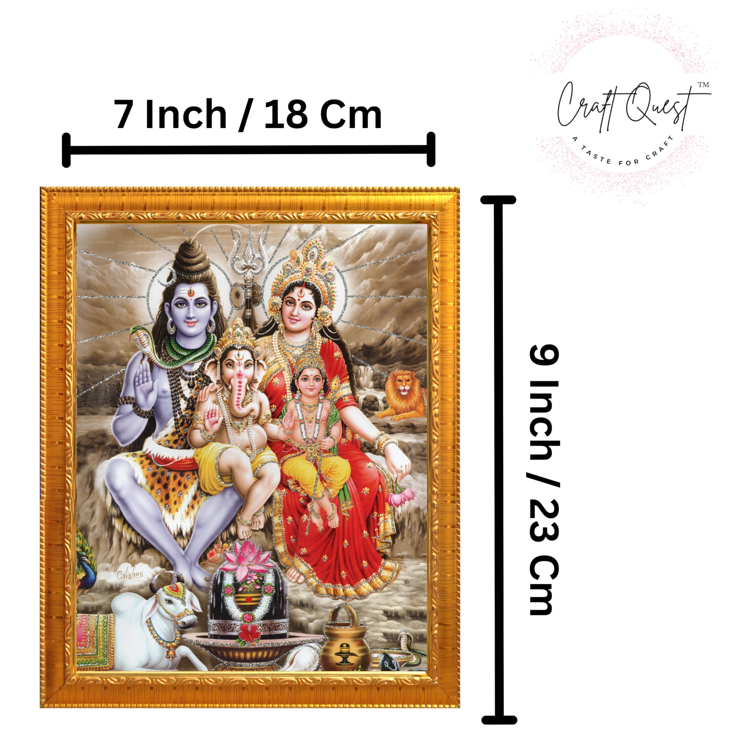 CRAFT QUEST Shiv Parivar Religious Wood Photo Frame with Acrylic glass (Photoframe,Golden, 7 X 9 inch)