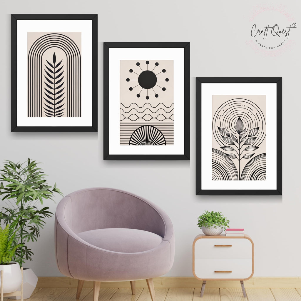 CRAFT QUEST Abstract Series Framed Paintings With Sun | Set of 3 Frames for Home Decoration | Ideal for Living Room, Bedroom & Offices
