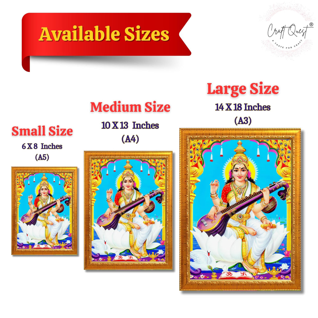 CRAFT QUEST Saraswati Devi Goddess Saraswathi Maa Wall Painting Sparkle Coated Framed Home Décor Synthetic wood Frame