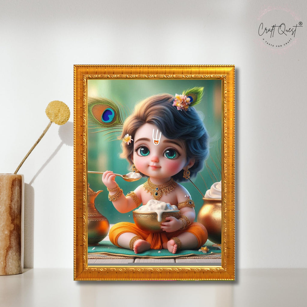 CRAFT QUEST Cute Baby Krishna HD Print | Little Krishna Frame for Home Temple, Office Desk, Car Dashboard