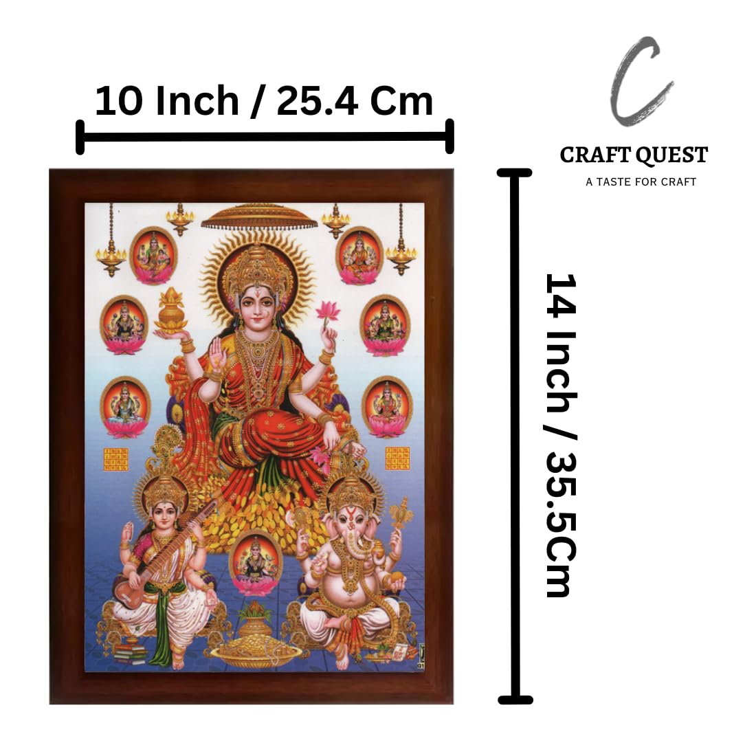 CRAFT QUEST Goddess Lakshmi ganesh saraswati Wall Painting Frame Home Decor (Synthetic, Matte Finish, Brown, Large Size, 14 X 10 Inch)