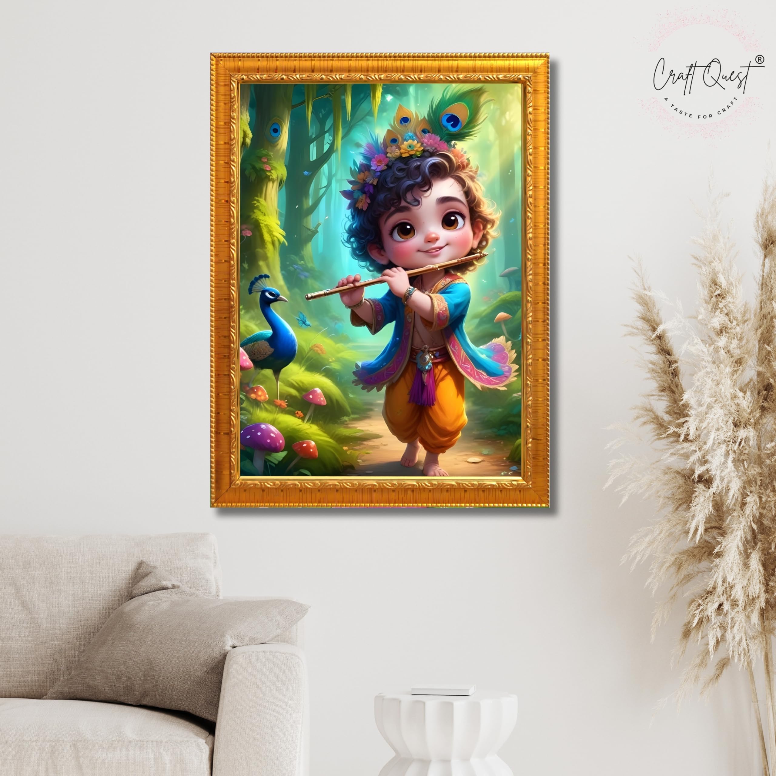 CRAFT QUEST Cute Little Krishna Frame | Bal Gopal HD Painting | Home Temple, Office Desk, Wall Décor Item