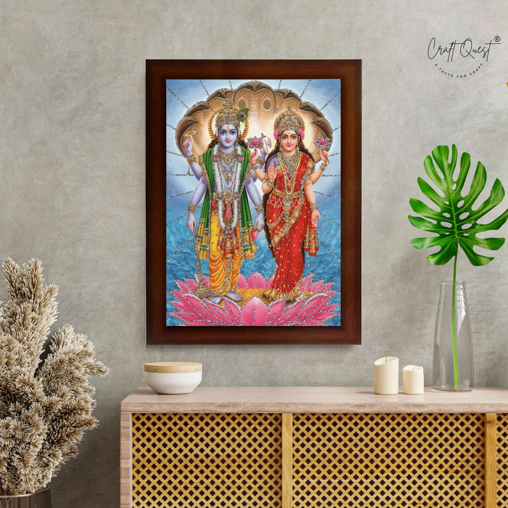 CRAFT QUEST Lord Vishnu Dev Lakshmi Devi Laxmi Narayan Ji Wall Painting Framed Home Decor, Religious Photo Frame