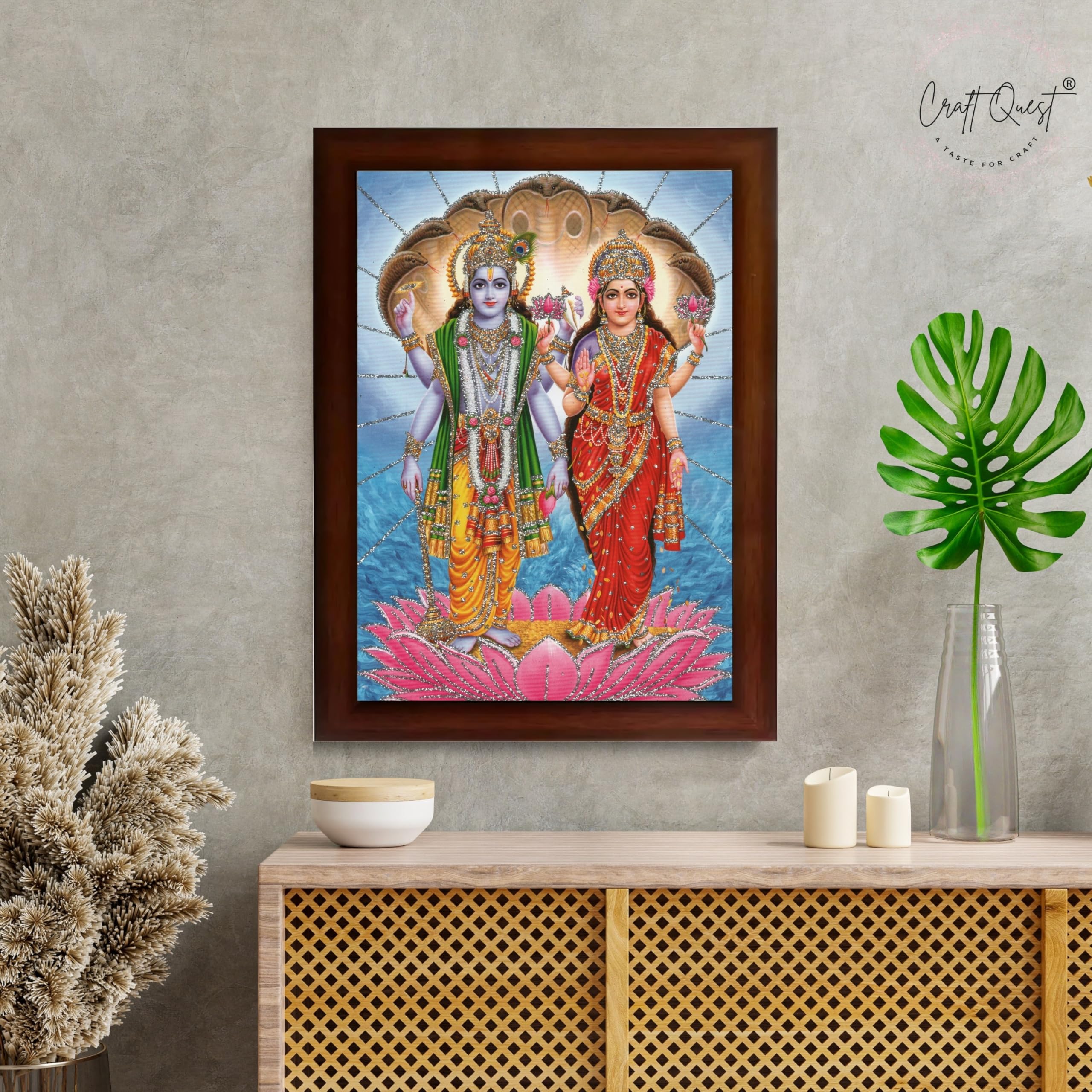 CRAFT QUEST Lord Vishnu Dev Lakshmi Devi Laxmi Narayan Ji Wall Painting Framed Home Decor, Religious Photo Frame