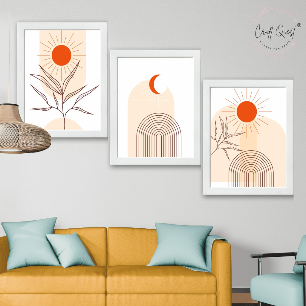 CRAFT QUEST Wall Art Decor Paintings | Set of 3 BOHO Wall Art Frames for Home Decoration | Ideal for Living Room, Bedroom & Office