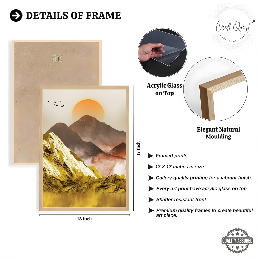 CRAFT QUEST Modern Art Mural Landscape Golden Mountains & Birds Wall Art | Set of 3 Frames for Home Decoration | Ideal for Living Room, Bedroom & Offices