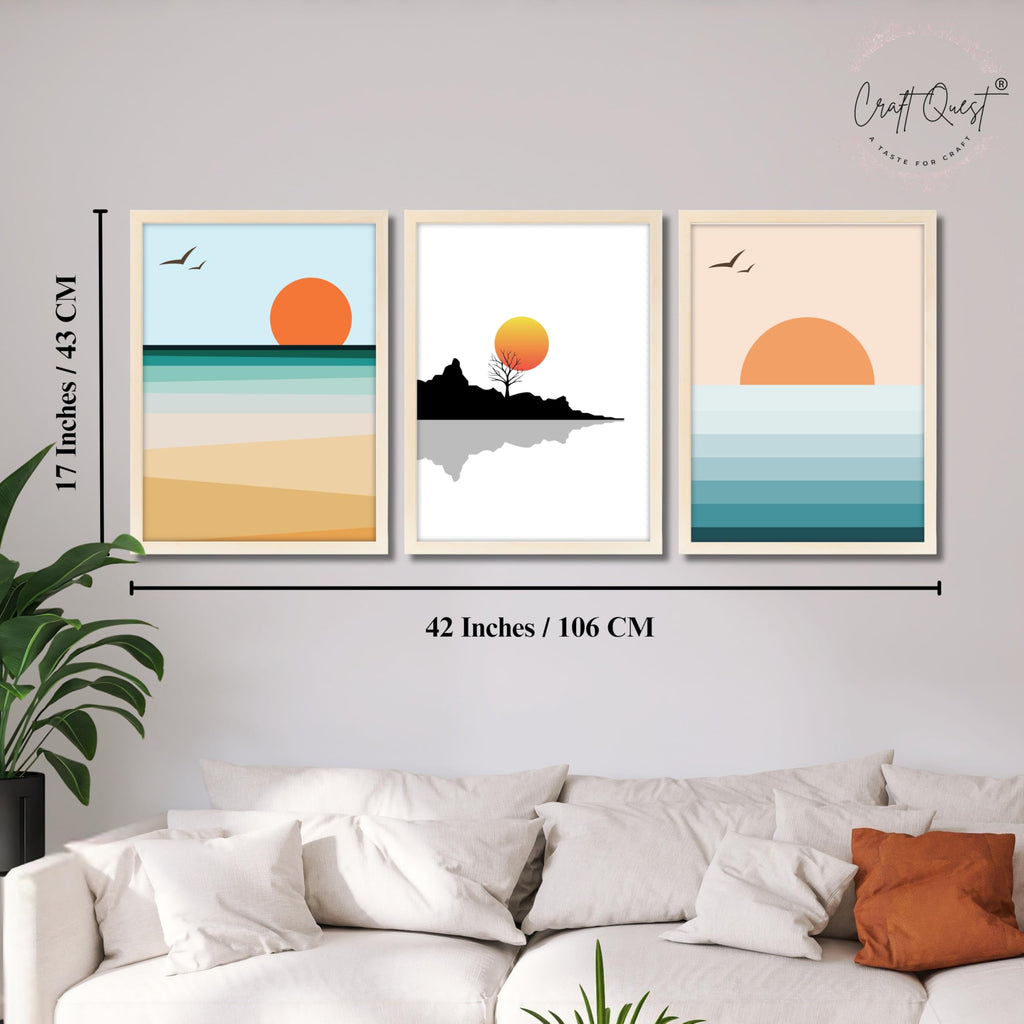 CRAFT QUEST Nature Inspired Abstract Of Sunset Wall Art | Set of 3 Frames for Home Decoration | Ideal for Living Room, Bedroom & Offices