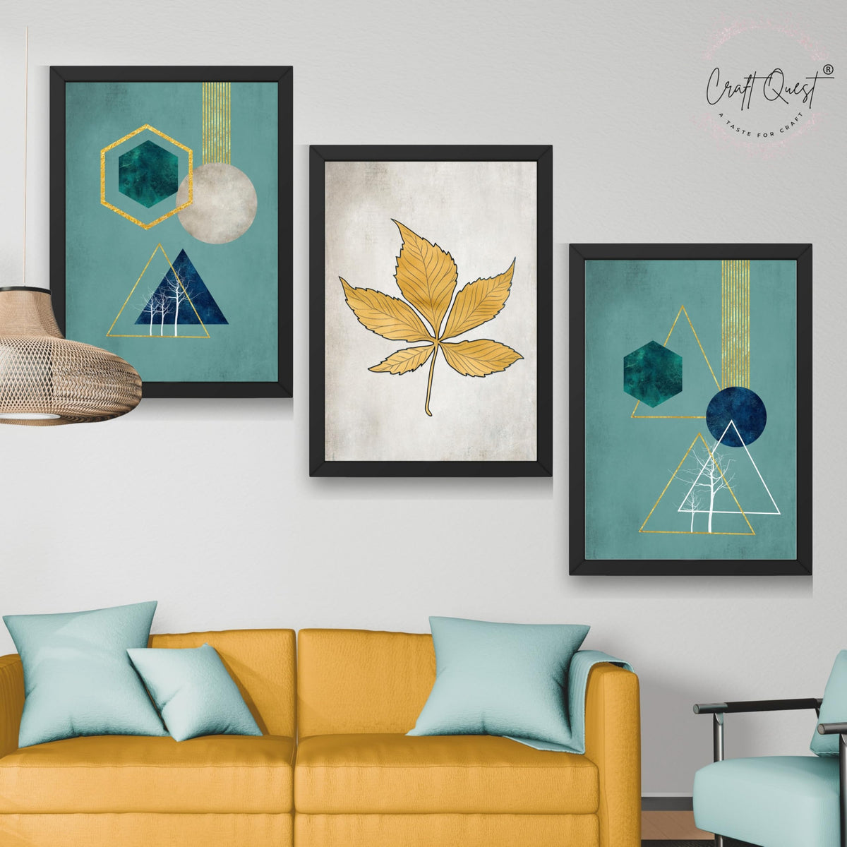 CRAFT QUEST Modern Art Shapes & Leaf Abstract | Set of 3 Frames for Home Decoration | Ideal for Living Room, Bedroom & Offices