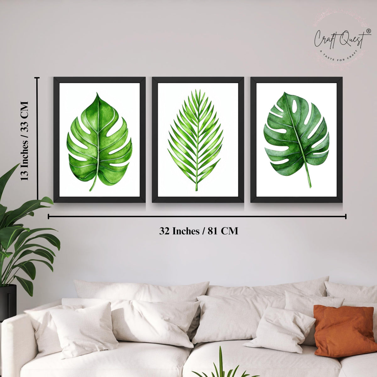 CRAFT QUEST Nature Inspired Exotic Leaves Modern Wall Art | Set of 3 Frames for Home Decoration | Ideal for Living Room, Bedroom & Offices