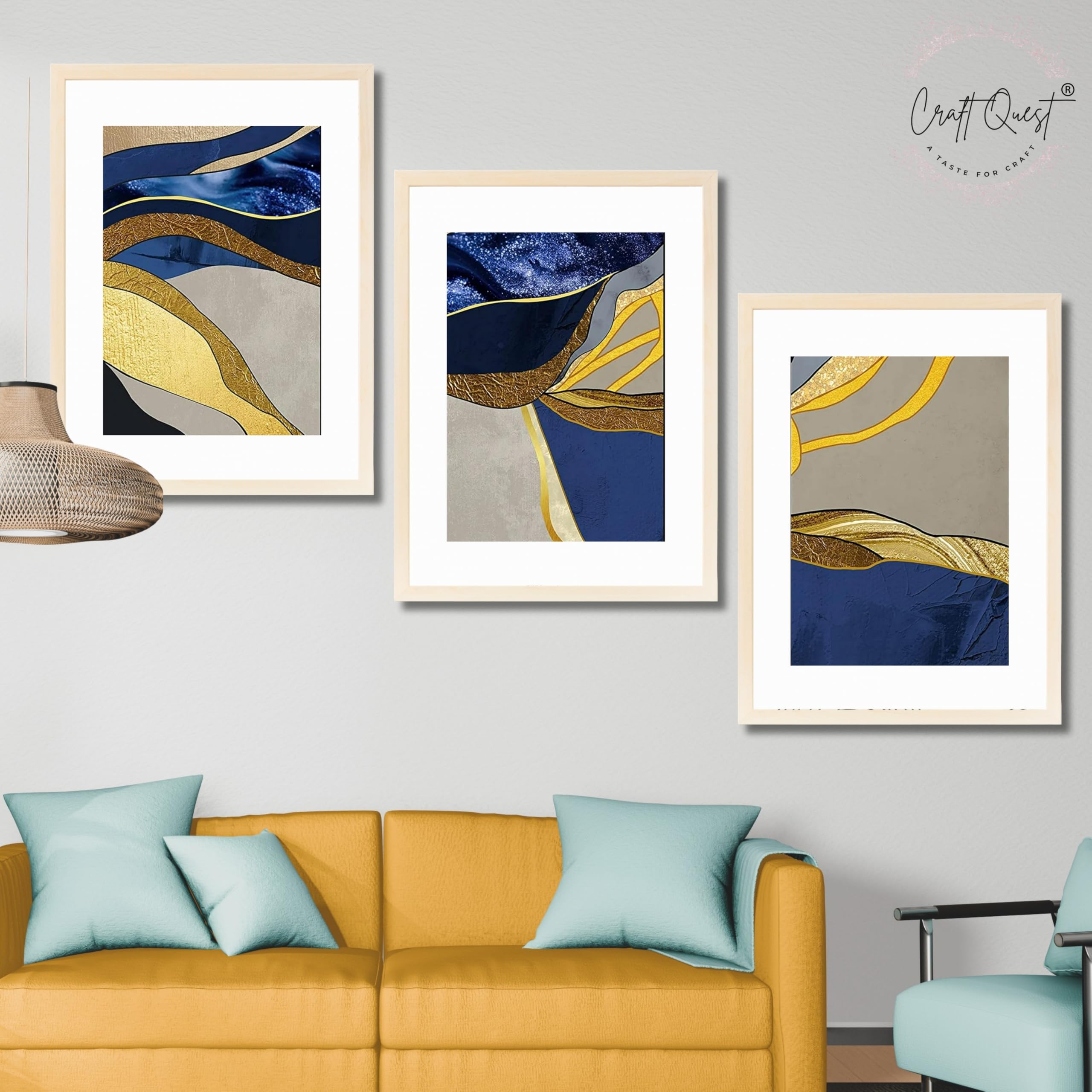 CRAFT QUEST Abstract Blue & Gold Artwork | Set of 3 Frames for Home Decoration | Ideal for Living Room, Bedroom & Offices