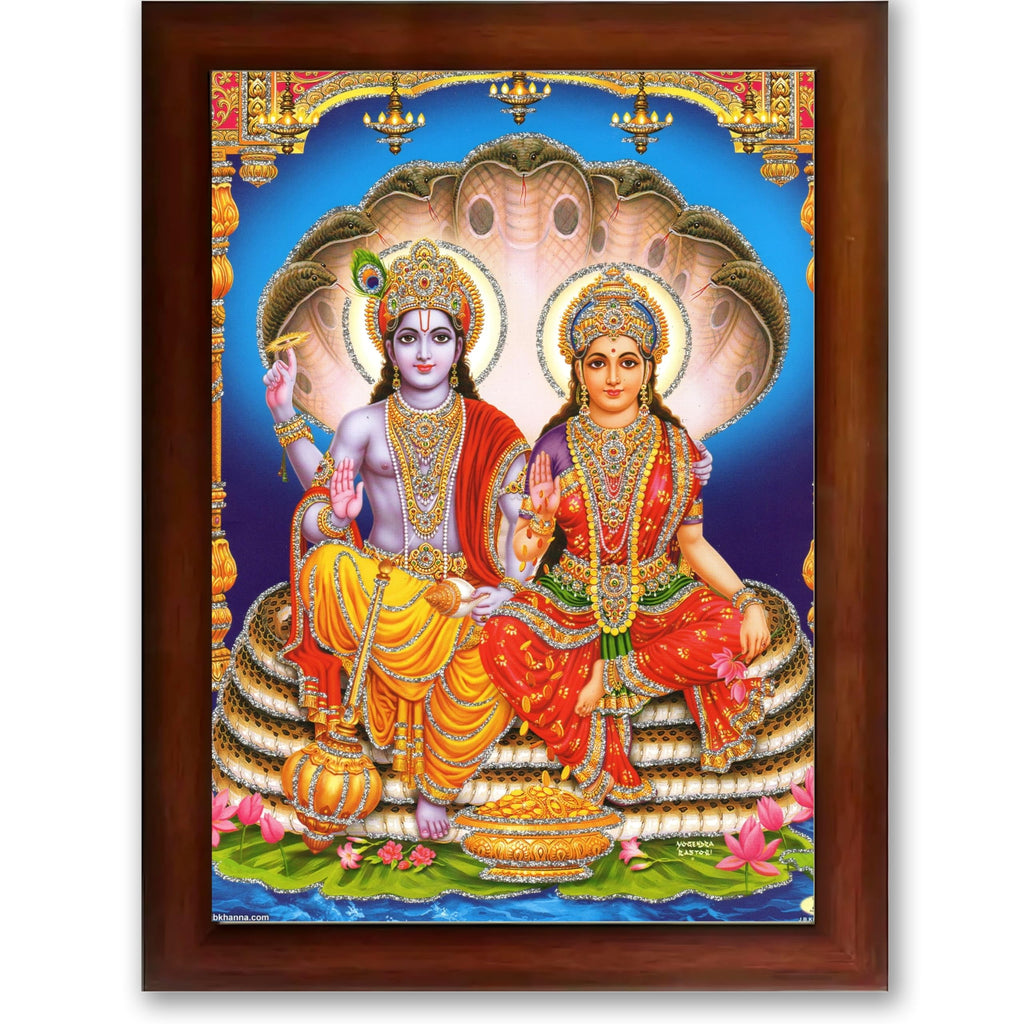 CRAFT QUEST Lord Vishnu and Goddess Lakshmi Giving Blessing on Shesh naag Glitter Painting with Golden Synthetic Frame