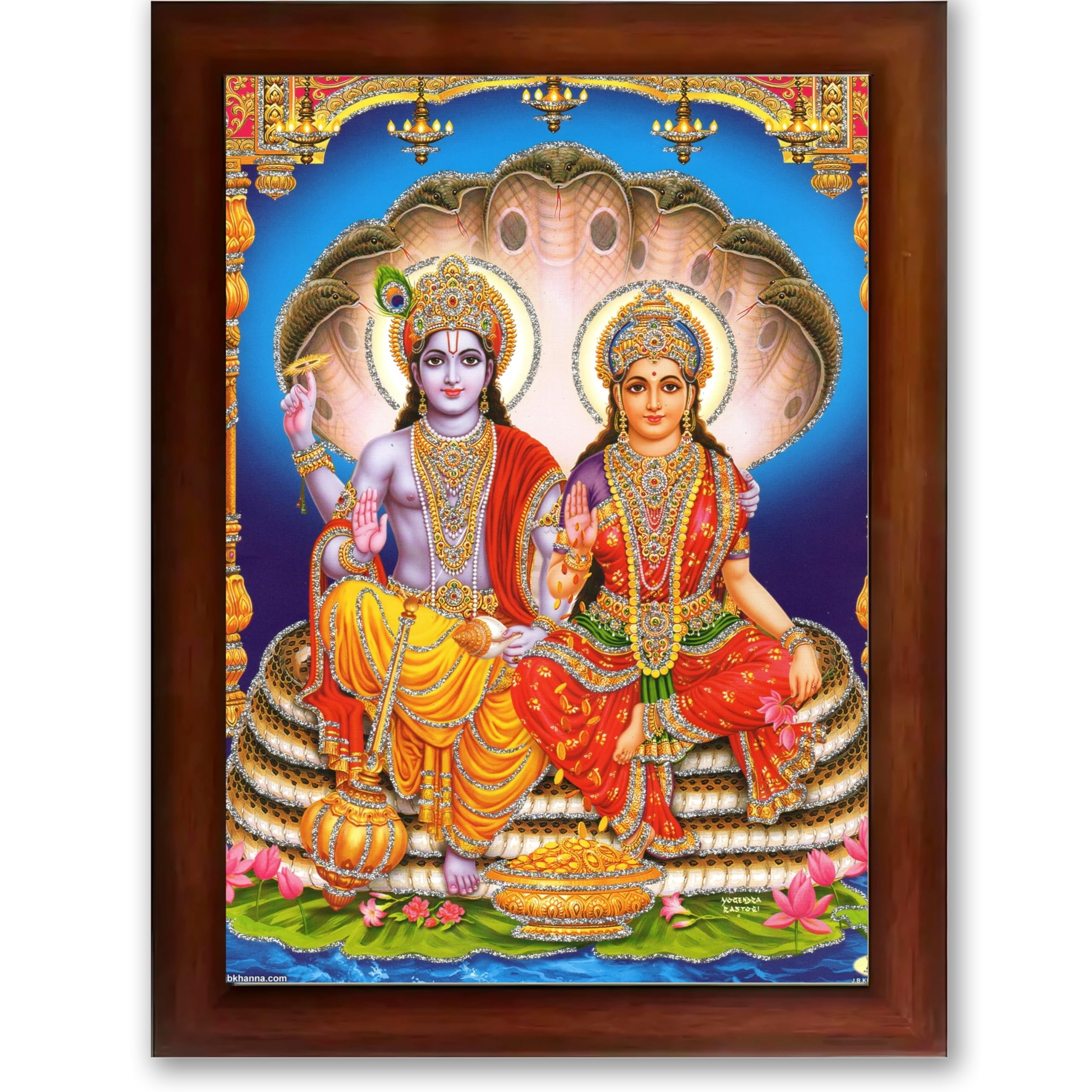 CRAFT QUEST Lord Vishnu and Goddess Lakshmi Giving Blessing on Shesh naag Glitter Painting with Golden Synthetic Frame