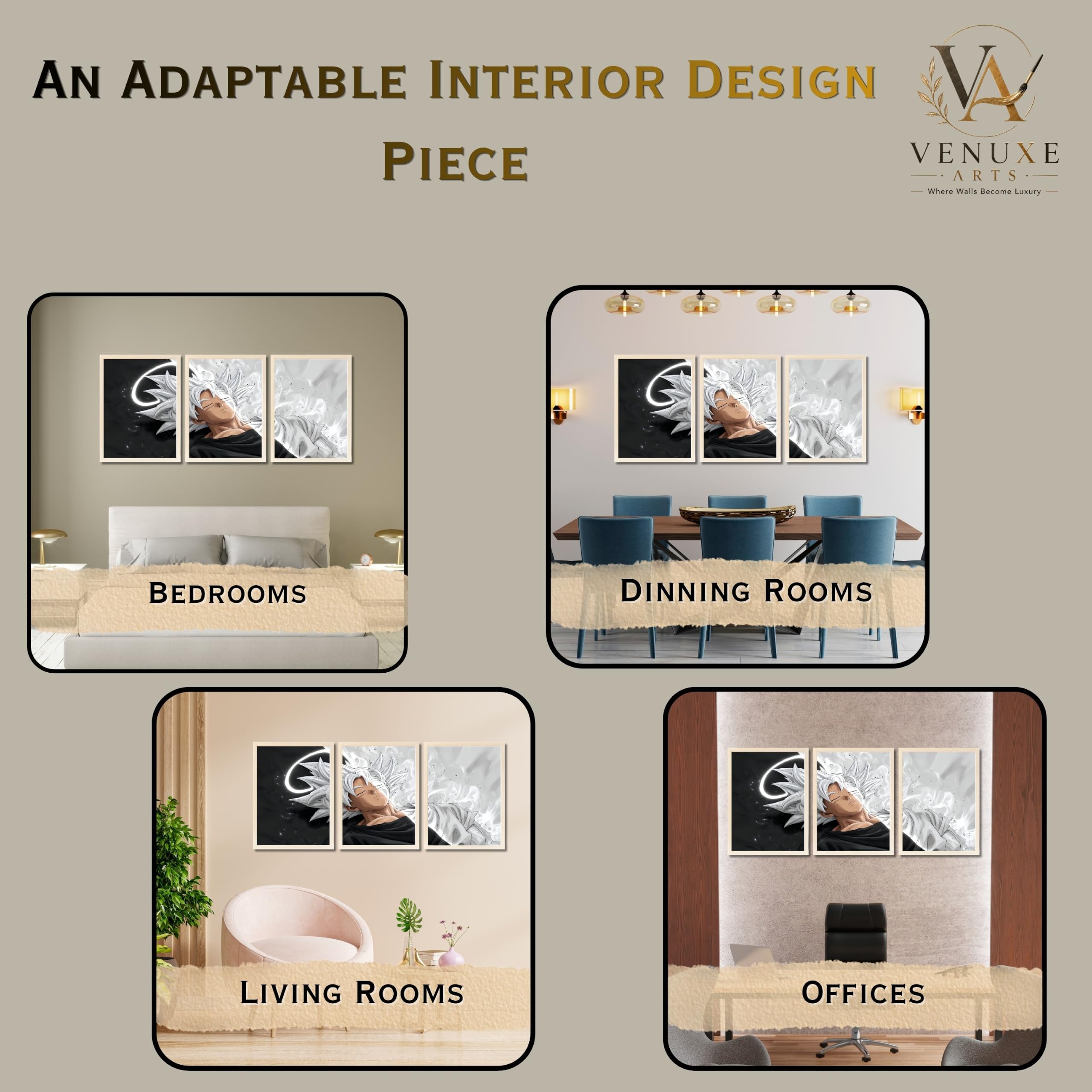VENUXE ARTS Set Of 3 Anime Characters Wall Framed |Anime Characters Framed Poster for Living Room Bedroom Gaming Room Studio Wall Decor