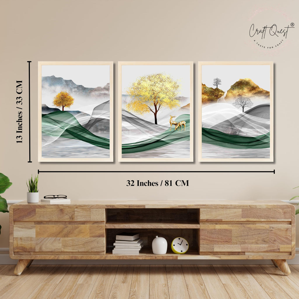 CRAFT QUEST Modern Art Landscapes Abstract Of Moose Golden Mural Wall Art | Set of 3 Frames for Home Decoration | Ideal for Living Room, Bedroom & Offices