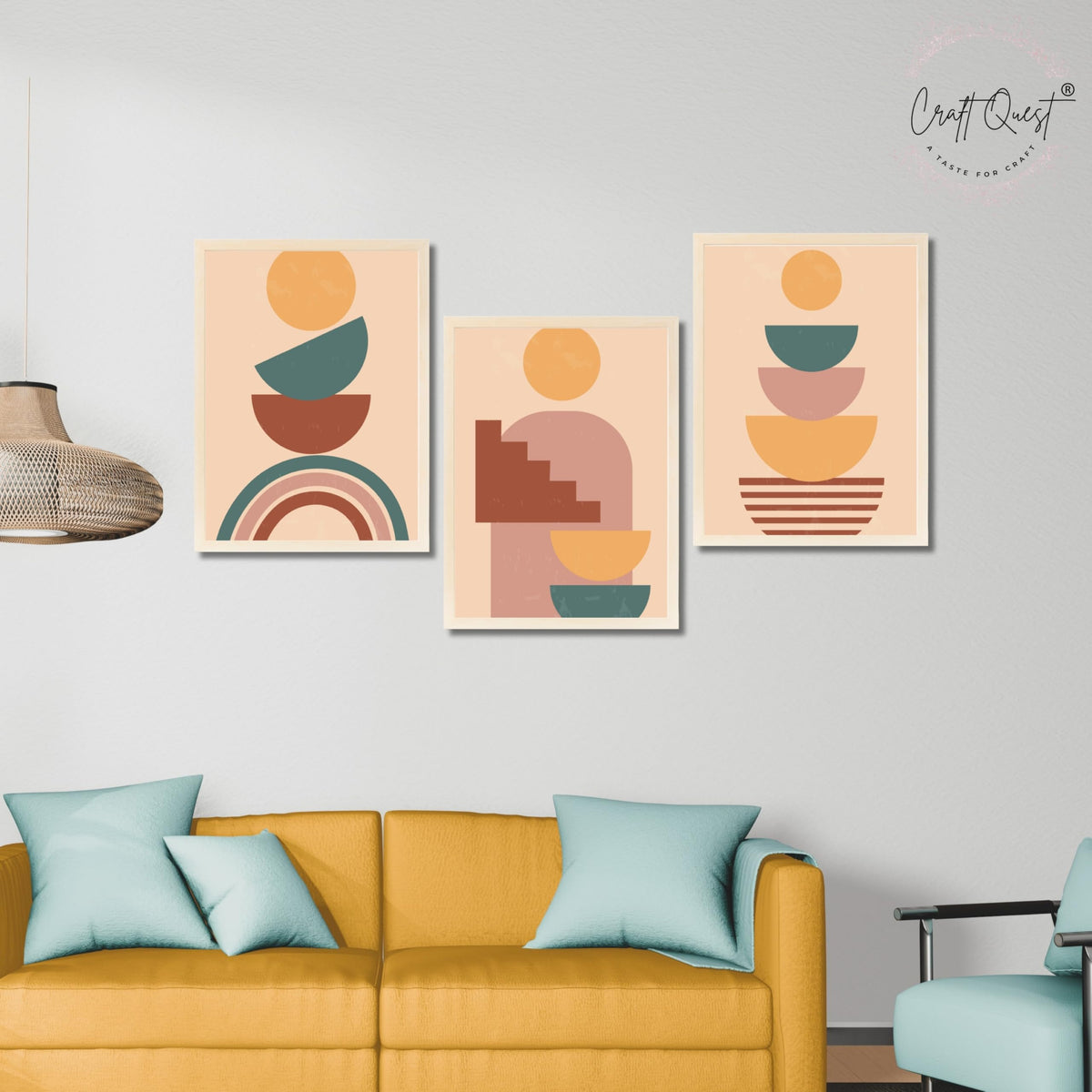 CRAFT QUEST Wall Art Decor Paintings | Set of 3 BOHO Wall Art Frames for Home Decoration | Ideal for Living Room, Offices & Bedrooms