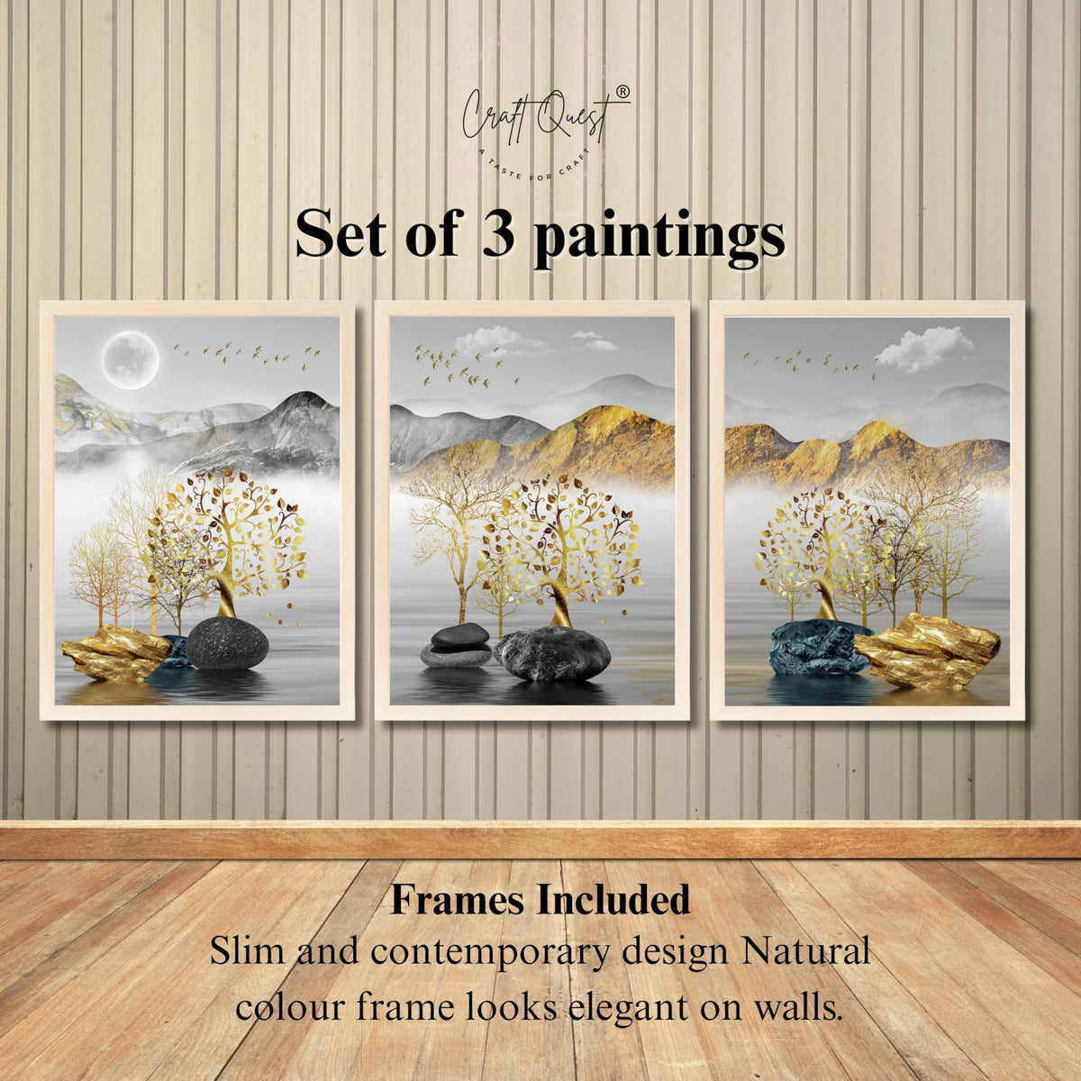 CRAFT QUEST Modern Art Landscape Golden Tree,Birds & Mountains Wall Art | Set of 3 Frames for Home Decoration | Ideal for Living Room, Bedroom & Offices