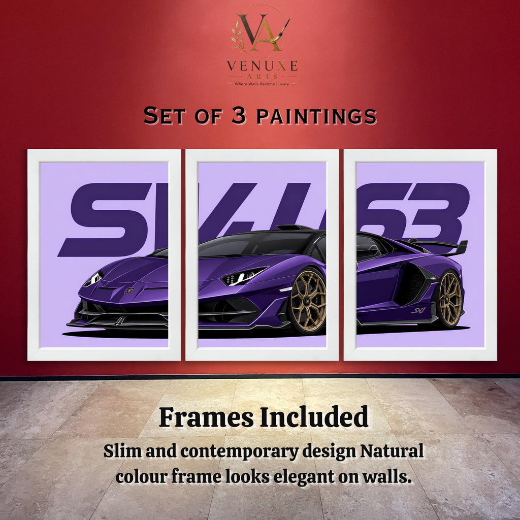 VENUXE ARTS Set Of 3 Big Sports Cars Framed Posters Gift Items for Boys Room Wall Decoration Bedroom Living Room Office Studio Décor | Car Poster Frame for Wall Décor