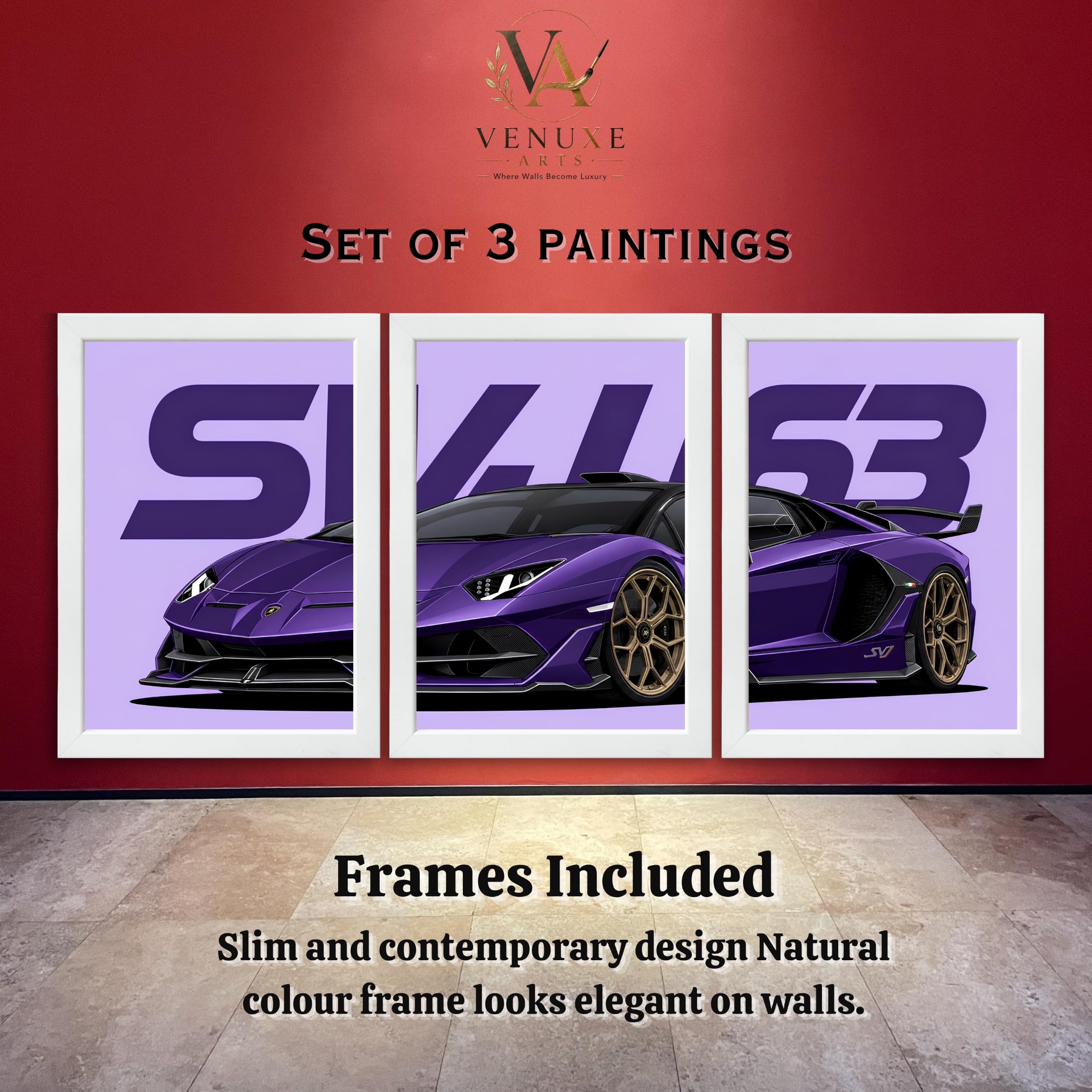 VENUXE ARTS Set Of 3 Big Sports Cars Framed Posters Gift Items for Boys Room Wall Decoration Bedroom Living Room Office Studio Décor | Car Poster Frame for Wall Décor