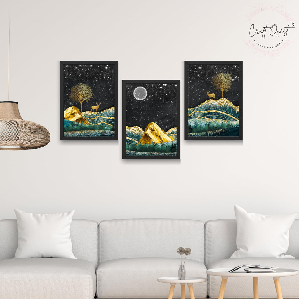 CRAFT QUEST Modern Art Landscape With Turquoise Mountains & Golden Trees Wall Art | Set of 3 Frames for Home Decoration | Ideal for Living Room, Bedroom & Offices