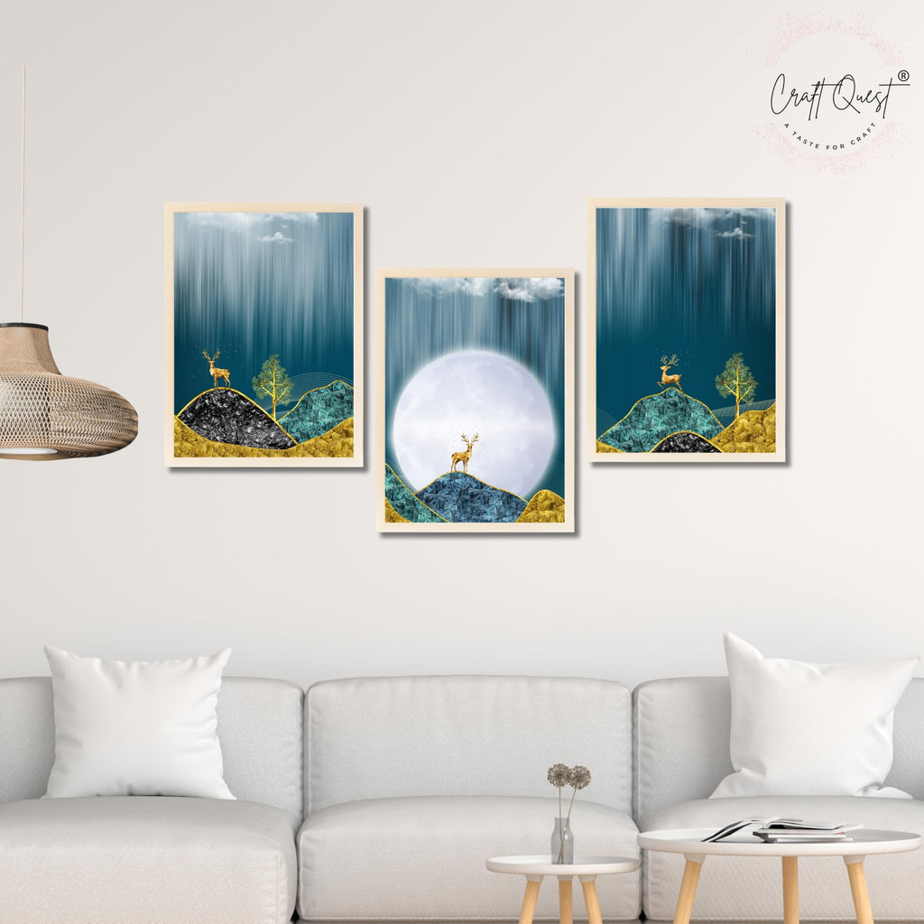 CRAFT QUEST Modern Art Landscape Of Moon & Golden Christmas Trees Wall Art | Set of 3 Frames for Home Decoration | Ideal for Living Room, Bedroom & Offices