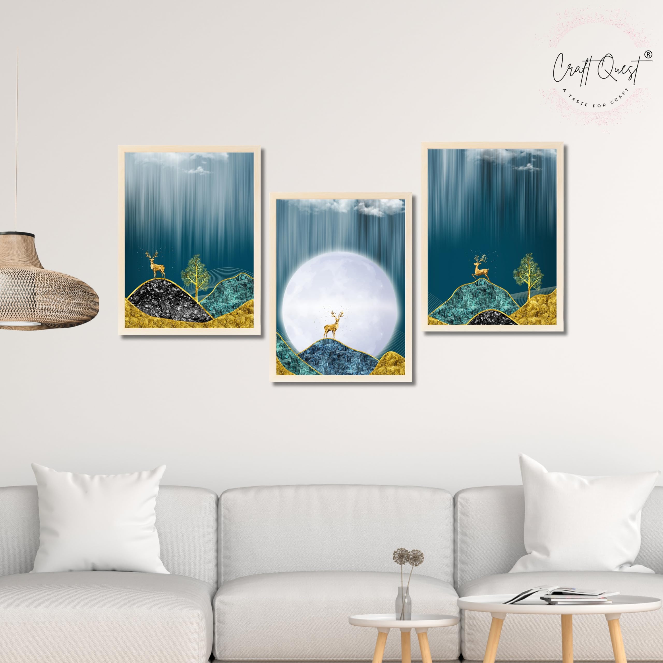 CRAFT QUEST Modern Art Landscape Of Moon & Golden Christmas Trees Wall Art | Set of 3 Frames for Home Decoration | Ideal for Living Room, Bedroom & Offices