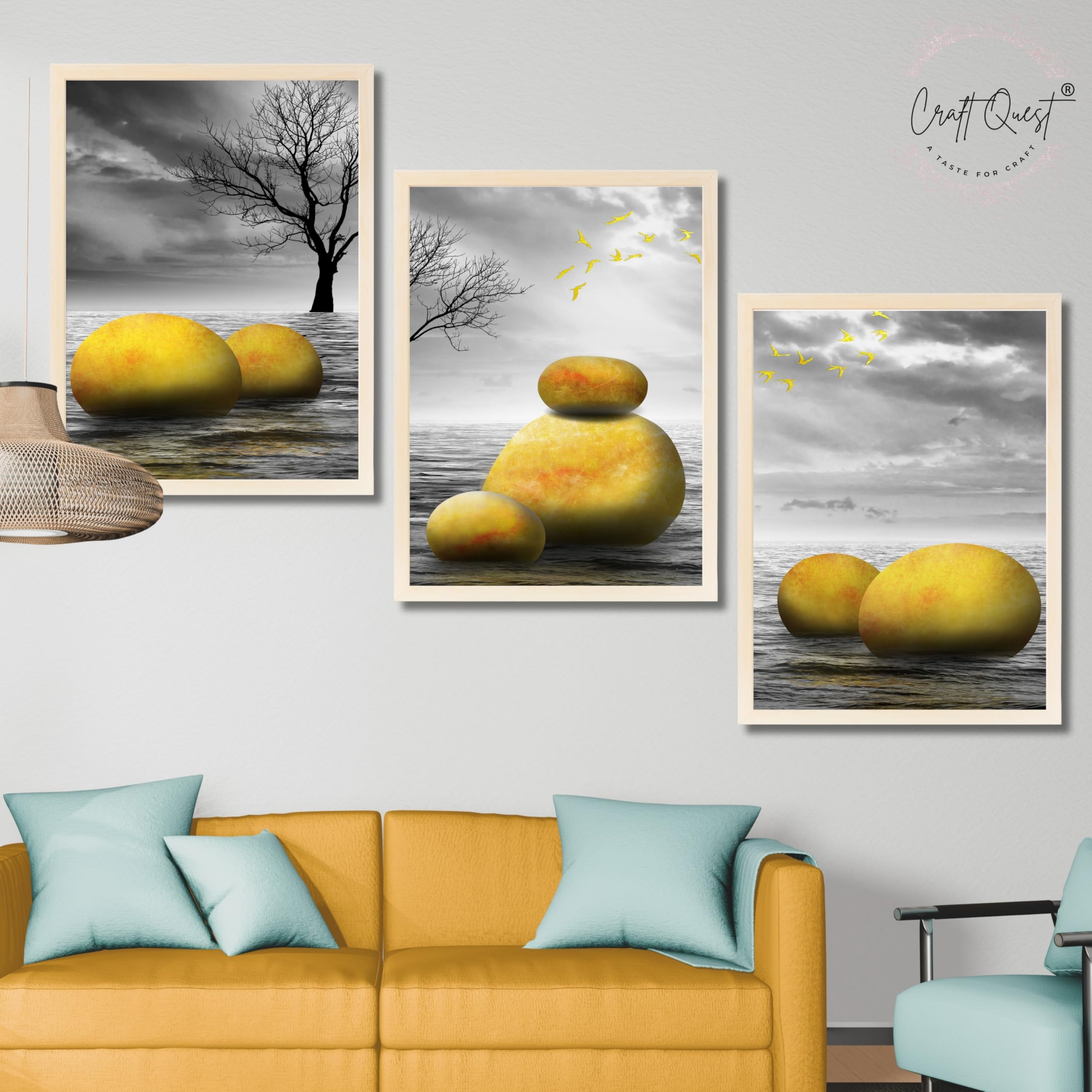 CRAFT QUEST Modern Abstract Golden Stone Art | Set of 3 Frames for Home Decoration | Ideal for Living Room, Bedroom & Offices