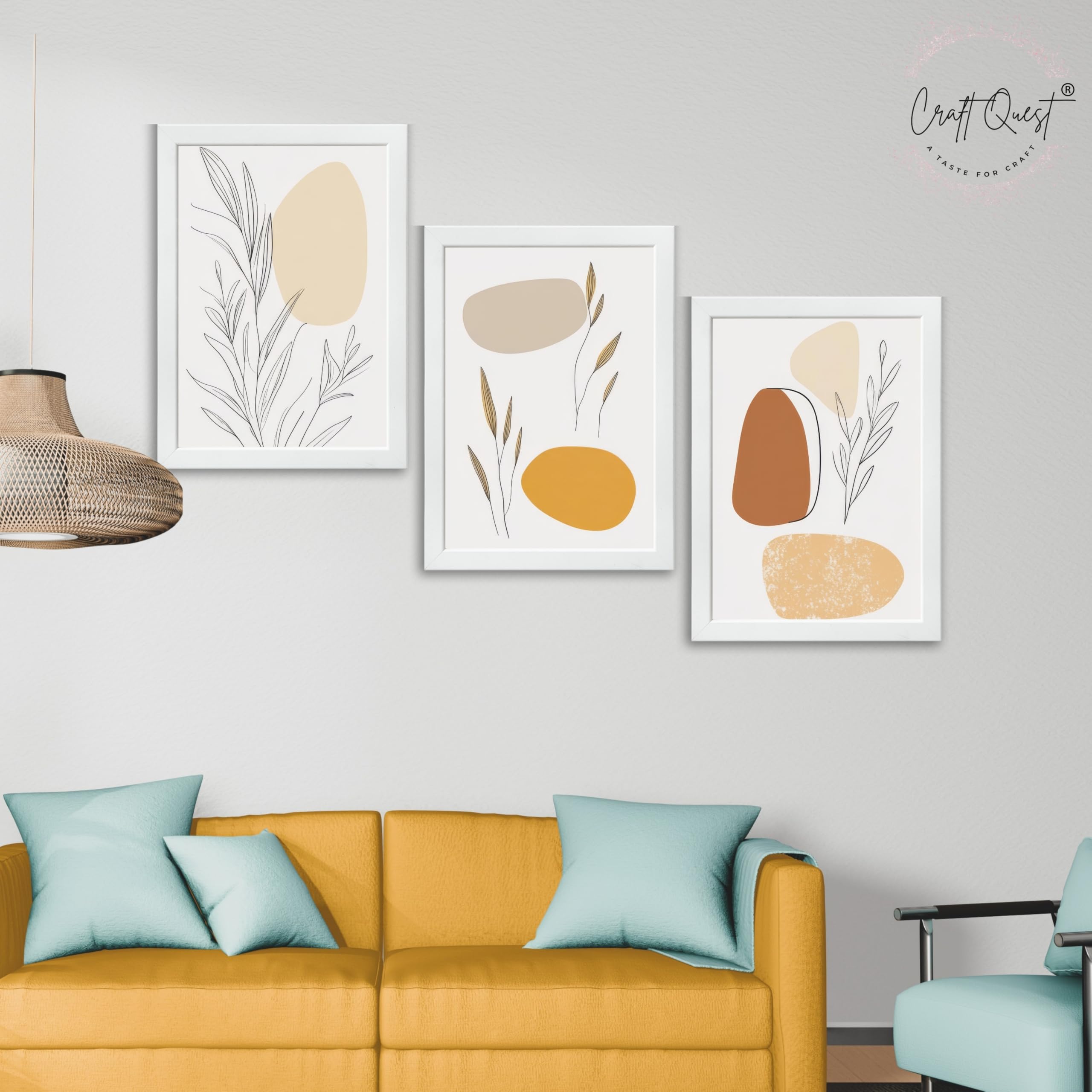 CRAFT QUEST Organic Abstract Wall Art Modern Art | Set of 3 Frames for Home Decoration | Ideal for Living Room, Bedroom & Offices