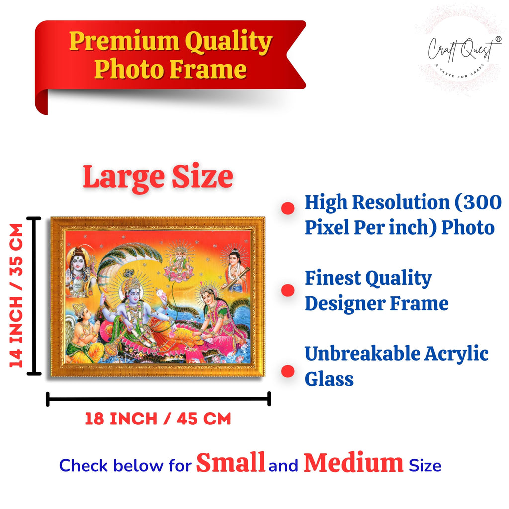 CRAFT QUEST Goddess Lakshmi pressing legs of lord Vishnu on Shesh naag, Glitter Work Painting wooden frame