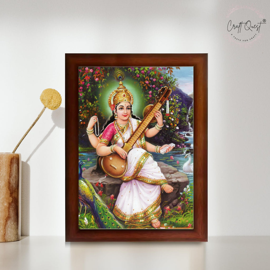 CRAFT QUEST Saraswati Devi Goddess Saraswathi Maa Wall Painting Framed Home Décor Synthetic wooden Framed