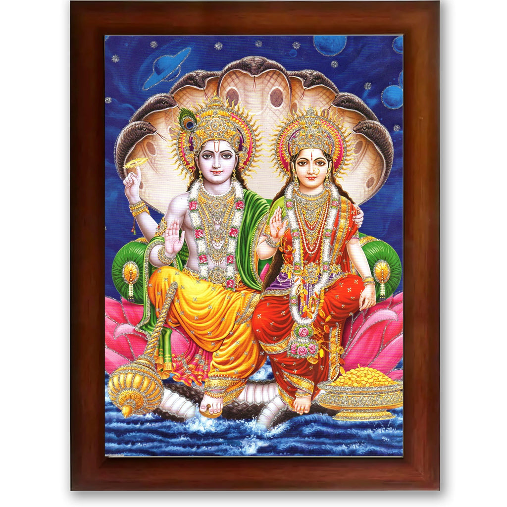 CRAFT QUEST Lord Vishnu and Goddess Lakshmi Giving Blessing on Shesh naag, Glitter Work Painting Synthetic Wood Frame