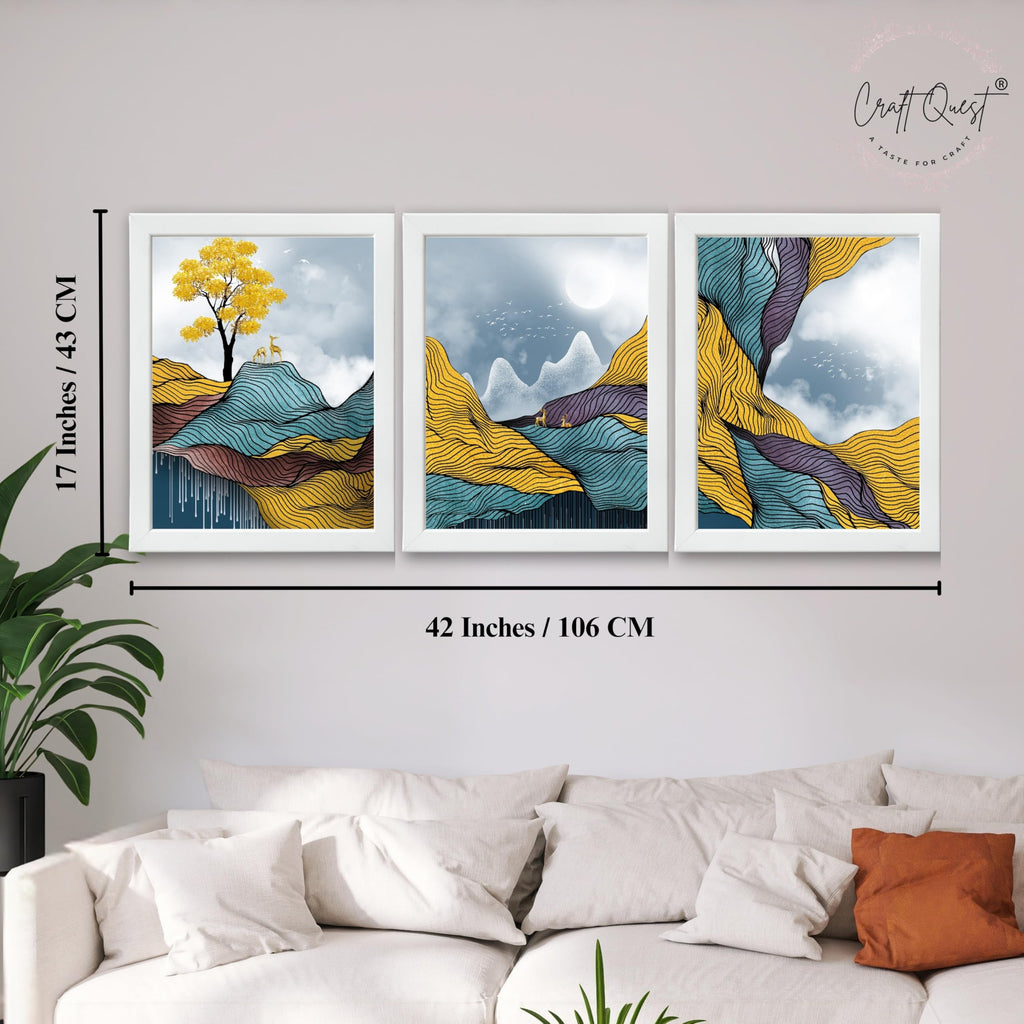 CRAFT QUEST Modern Abstract Landscape Art | Set of 3 Frames for Home Decoration | Ideal for Living Room, Bedroom & Offices
