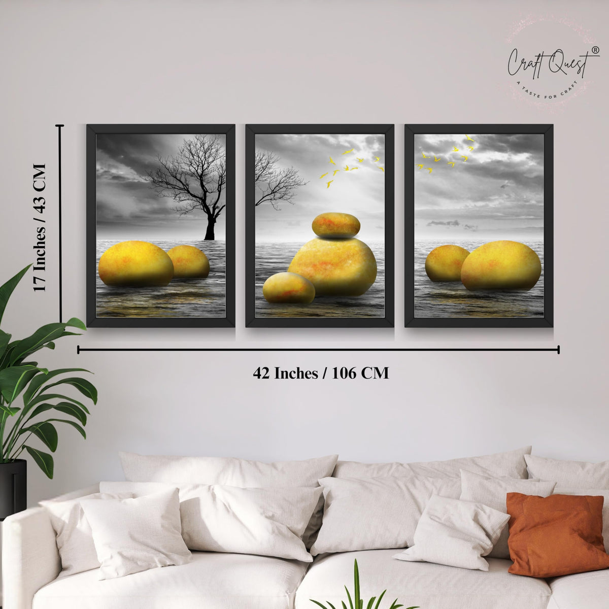 CRAFT QUEST Modern Abstract Golden Stone Art | Set of 3 Frames for Home Decoration | Ideal for Living Room, Bedroom & Offices