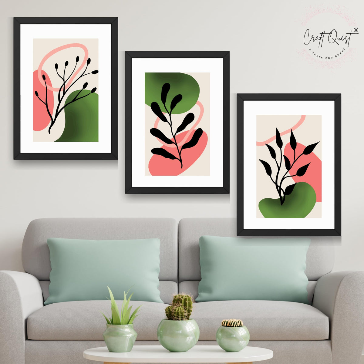 CRAFT QUEST Nature Inspired Abstract Shape & Leaf Wall Art | Set of 3 Frames for Home Decoration | Ideal for Living Room, Bedroom & Offices