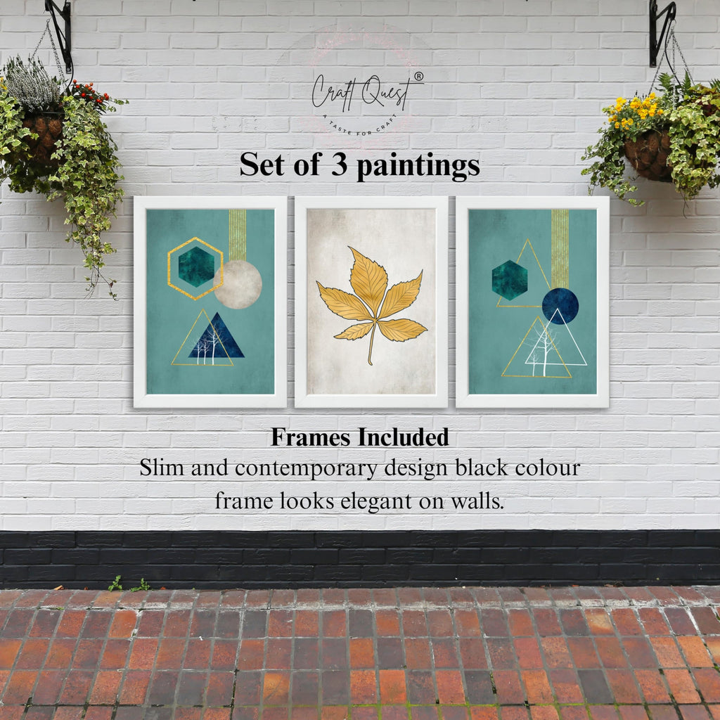 CRAFT QUEST Modern Art Shapes & Leaf Abstract | Set of 3 Frames for Home Decoration | Ideal for Living Room, Bedroom & Offices