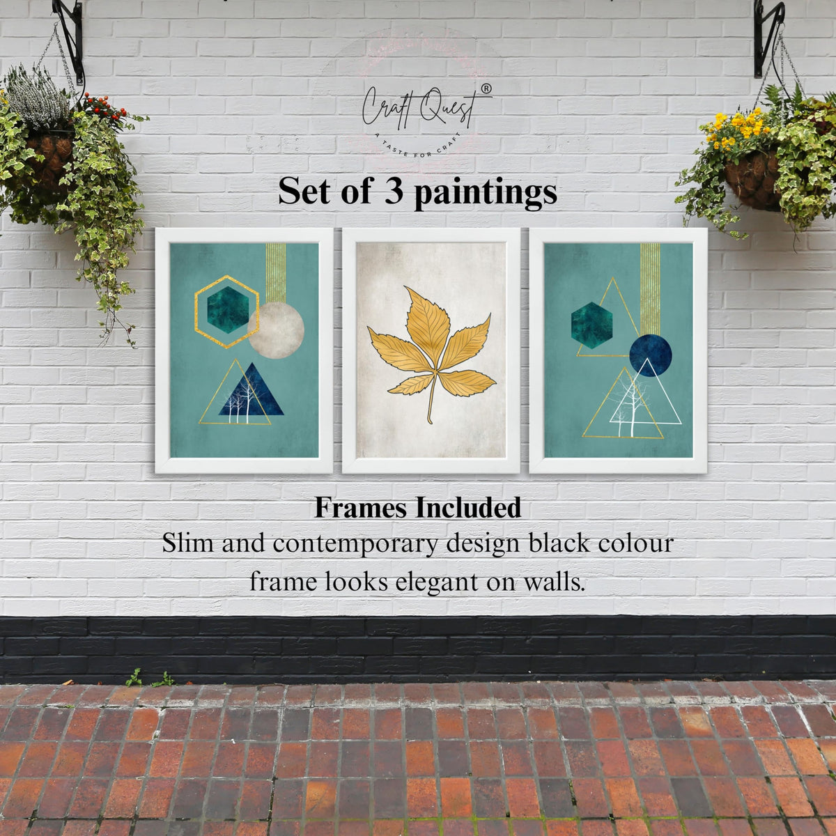 CRAFT QUEST Modern Art Shapes & Leaf Abstract | Set of 3 Frames for Home Decoration | Ideal for Living Room, Bedroom & Offices